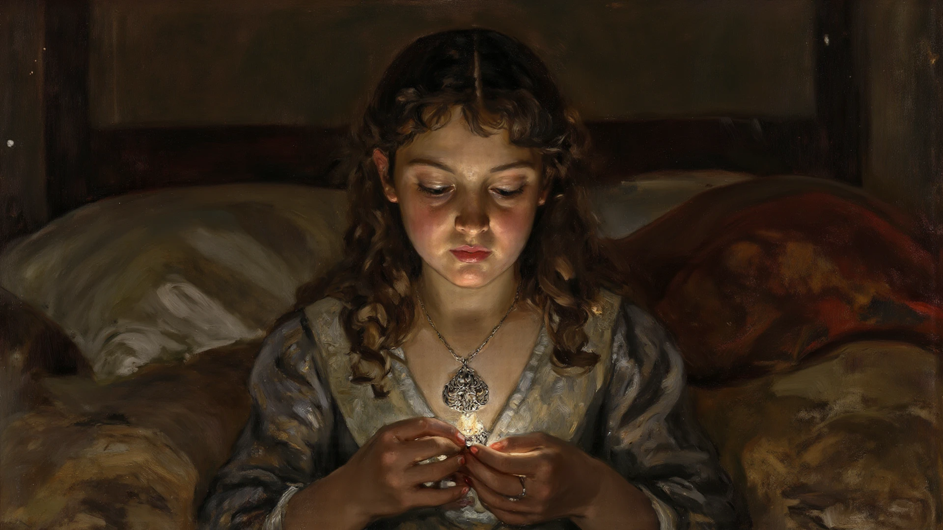 真实感, a painting, Fantastic tale, Christmas style, Small painting by Jean-Baptiste Monge ,A girl (anatomically correct drawn body) sits on a chair and reads a mantra with a lit candle, Художественный стиль charli bowaterа, by candlelight, rob rey, Neoartcore и charli bowater, charli bowater Искусство персонажей, charli bowater насыщенные глубокие цвета, charli bowater, mantra burns with fire, candlelight, Candle lighting, candle lit, nightlight study, loish art style, Jean-Baptiste Monge, anthropomorphic --ar 2:3 --testp -optimistic; Straight hair