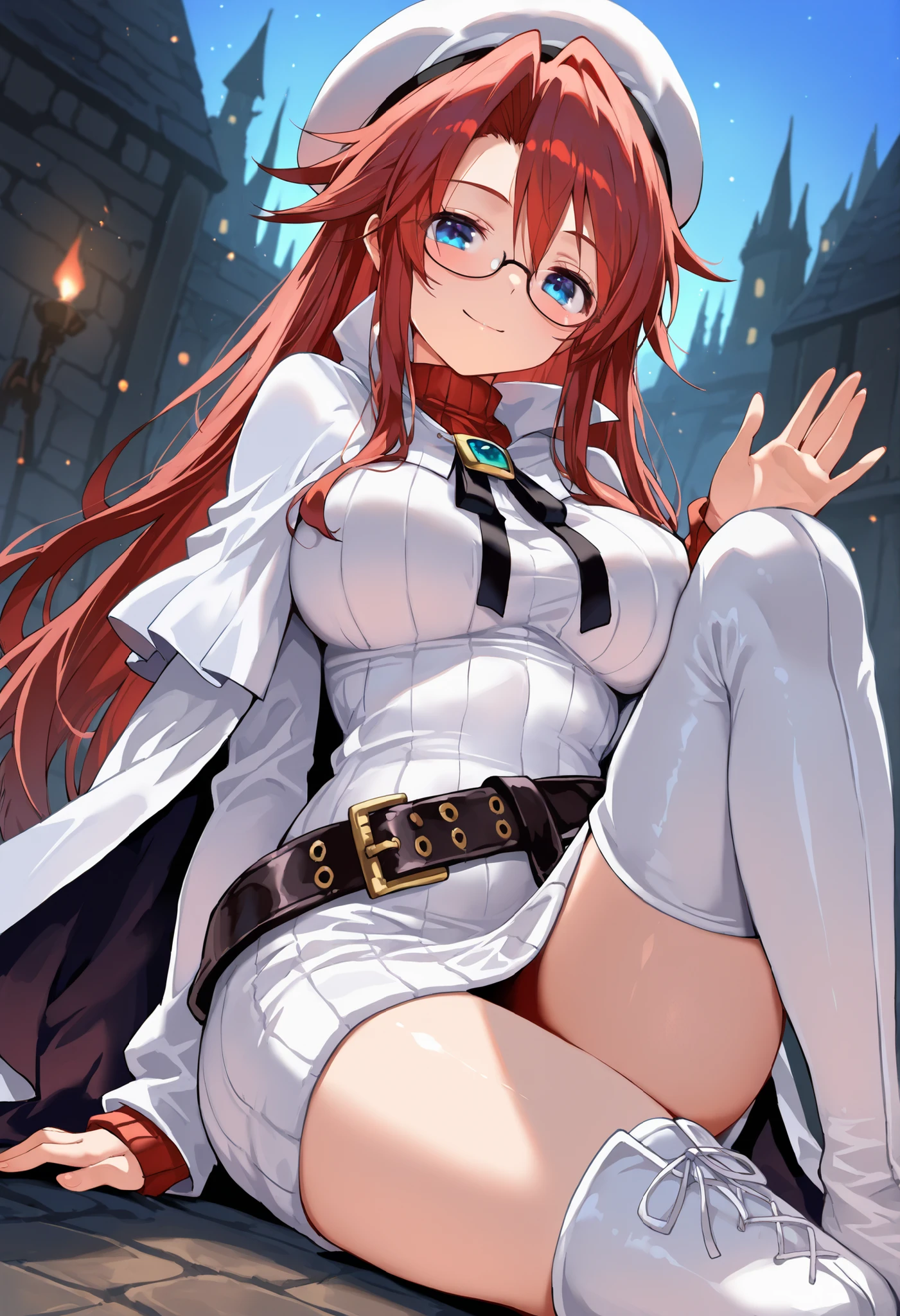 summonnightaty, aty, long hair, blue eyes, red hair, beret, hat, glasses,
BREAK long hair, thighhighs, hat, dress, boots, glasses, belt, cape, sweater, zettai ryouiki, beret, thigh boots, white footwear, ribbed sweater, loose belt,,
BREAK outdoors, fantasy_town,
BREAK (masterpiece:1.2), best quality, high resolution, unity 8k wallpaper, (illustration:0.8), (beautiful detailed eyes:1.6), extremely detailed face, perfect lighting, extremely detailed CG, (perfect hands, perfect anatomy),(covered_nipples:1.3),covered_navel,light_smile,dynamic_posing,(half_eyes:1.2),light_open_mouth,sword,