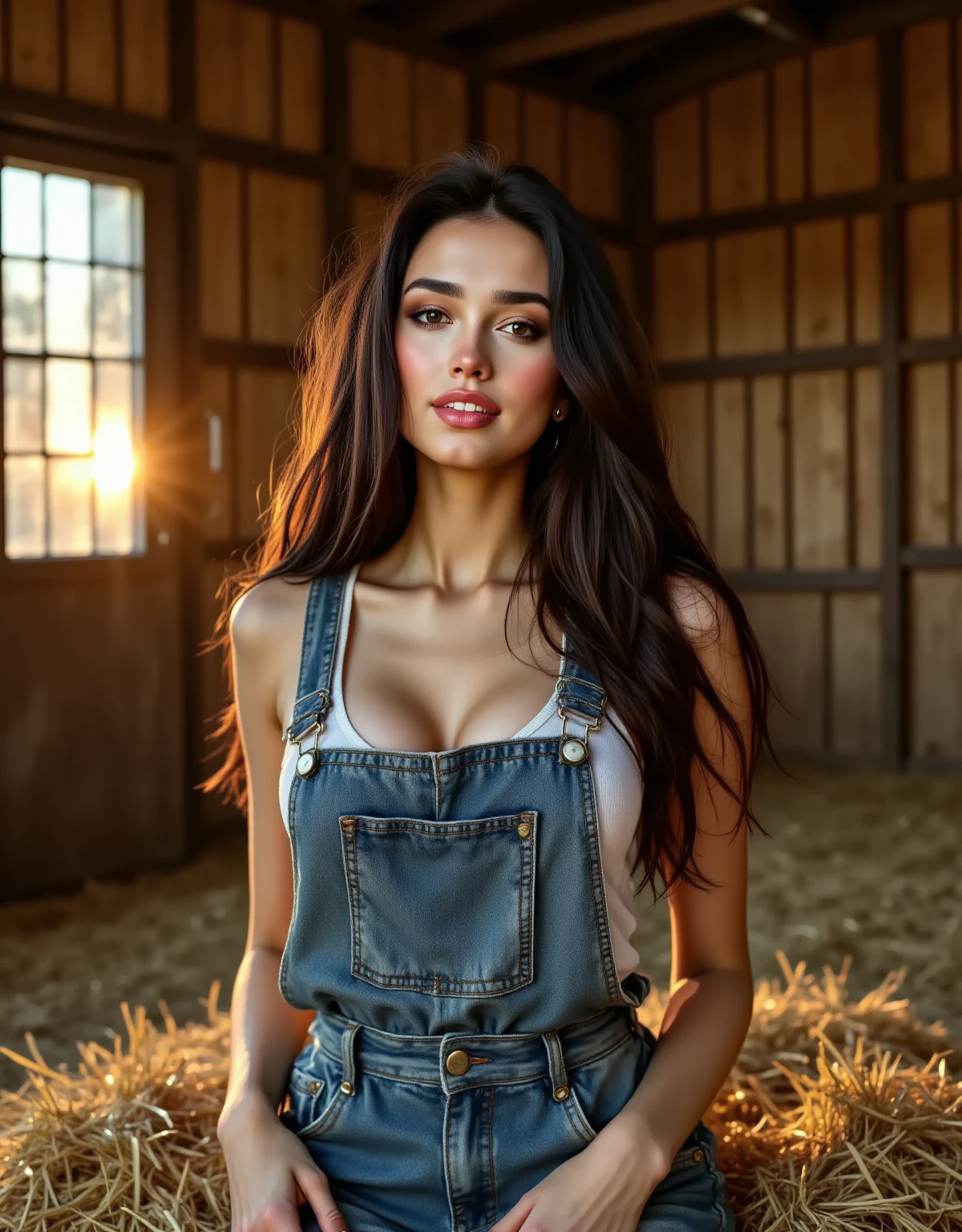 Create a photorealistic image of a beautiful woman sitting in a farm-related setting. She is wearing a loose off-shoulder top and pajama pants, with her long curly hair cascading down her back. The setting is a rustic barn or a farmhouse porch, with steers or farm animals visible in the background. Use soft, warm lighting to create a cozy, relaxed atmosphere. Include intricate details like wooden textures, farm elements, and natural sunlight filtering through. Emphasize the serene and natural beauty of the scene, blending realistic and artistic elements reminiscent of Greg Rutkowski and Alphonse Mucha.