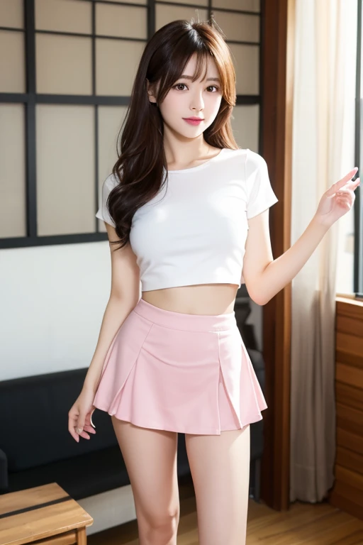 A image of hot women with pink lipstick and makeup dress up as woman standing in bright blue red school girls uniform complete makeup looking sexy and hot lifting skirt showing panties and having huge breast and ass