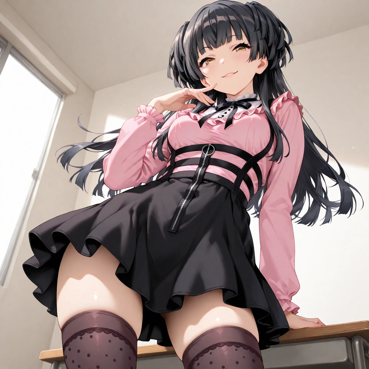 azki_(hololive), 1girl, solo, multicolored hair, pink hair, purple eyes, black hair, hair between eyes, white dress, brown dress, brown jacket, jewelry, long sleeves, x hair ornament, bangs, bracelet, long hair, streaked hair, hairclip, large breasts,,,,(masterpiece),(best quality),(ultra-detailed),(best illustration),(best shadow),(absurdres),(very aesthetic),(detailed background),,in narrow bedroom,dim lighting,under lighting,,standing,aged up,(aged up:1.5),seductive smile,pucker lips,half closed eyes,skirtlift,from below, lifted by self,(showing black panties,skirt lift:1.35),holding skirt,,pussy juice,(stained panties),