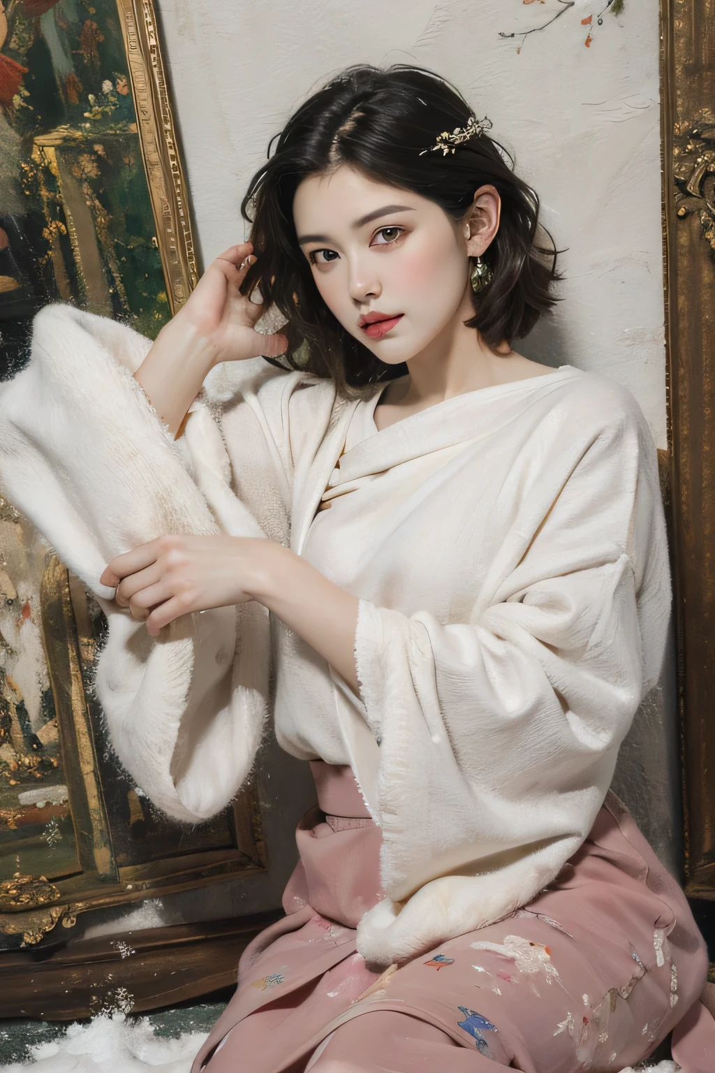 masterpiece、highest quality、cinema、(Detailed both eyes)、(cute japanese woman、bangs:1.3)、23 years old、1 girl、elegant、black hair、(auraroid photo:1.4)、(Cat ear:1.4)、large scarf