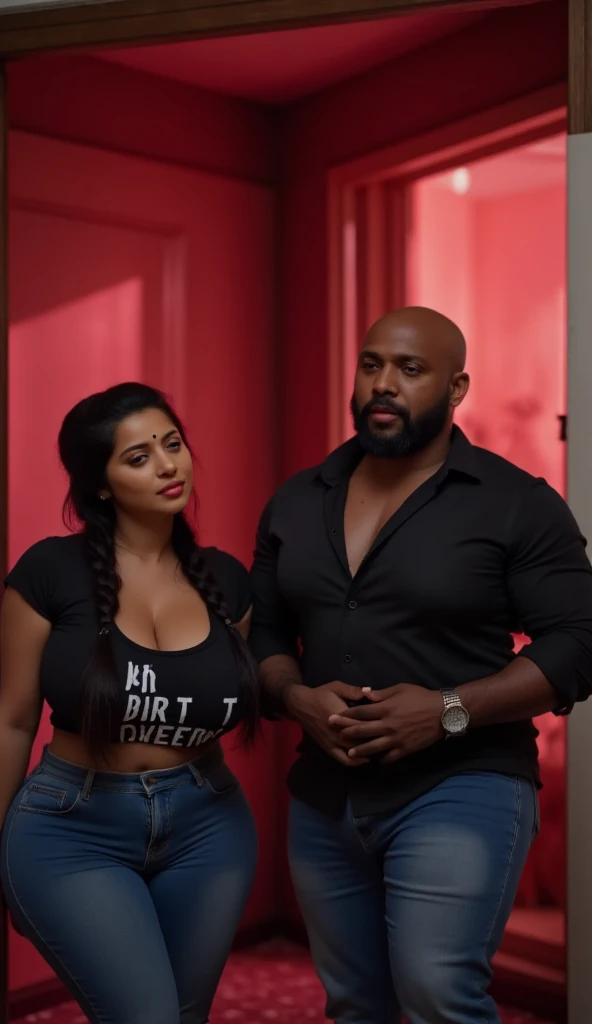 four persian girls with rich-auburn short hair wearing tight-shirts and long white jogging-pants (girls have a varying expressions lust and desire) (laying on-floor in front of a huge muscular black man)) (the man huge muscular man stares at them)