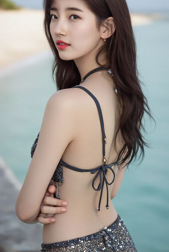 bewitching pose,((arched back:1.2, hands on hips)),((Highest quality, Very detailed, masterpiece:1.2), 1 women, Very thin body, length, Thin legs, ((Black wavy short layered cut hair hair:1.2)), ((Thick and fluffy bangs)), Very detailedな顔,A faint smile, small, Thin Nose, small thin mouth, Extremely sharply focused eyes, Japanese, Beautiful Face, Realistic eyes, Beautiful and beautiful eyes, Realistic Skin, Beautiful Skin, charm, (A vivid face), Beautiful Hairstyles,((micro bikini)), High resolution, Vibrant color palette, Mysterious and mysterious stone wall, Amazing place,Characteristic dark shadows and strange details,