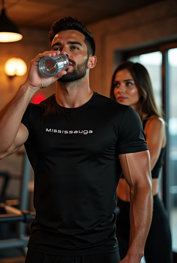 A man and a woman are inside a weight training gym. Ambos possuem corpos fortes e robustos. They are wearing an orange t-shirt. Are they happy. They are looking in front of the camera. Imagem de alta qualidade, realista. Ambiente pouco iluminado. Lugar meio escuro. Realista. 8k. Alta qualidade.