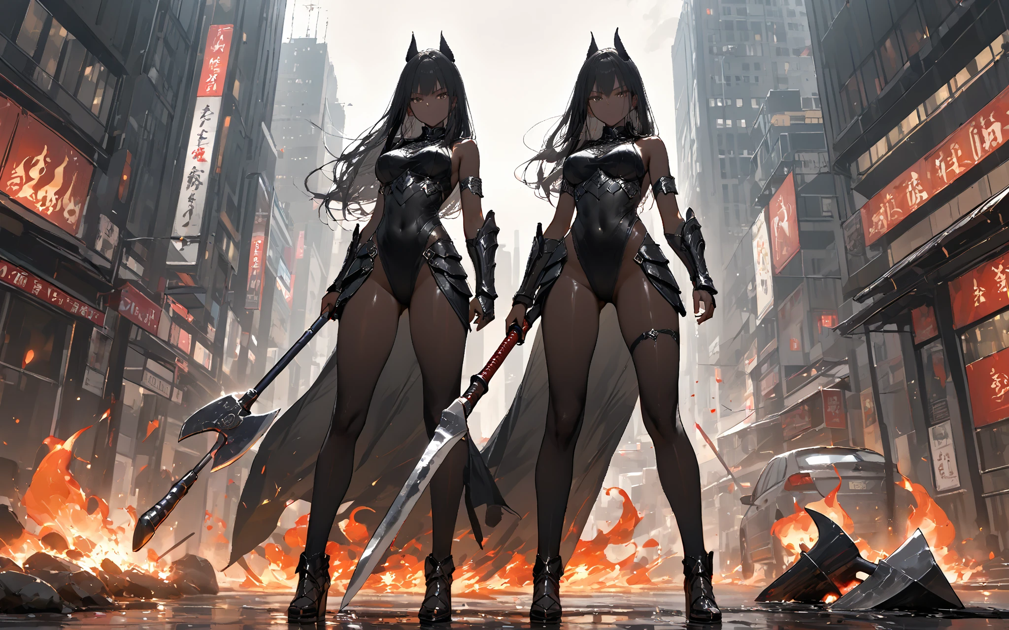 ((highest quality)), ((masterpiece)), (become familiar with), (High resolution), 8K, perfect face、2 women、Two blonde women with cat ears standing side by side、(smile)、expensive、2 blonde cat ears、2. long hair、2. volume hairstyles、big breasts、constricted waist、big ass、glamorous、glamorous、protector、armor、combat uniform、combat boots、Armed、Equipped with large firearms、Posing in front of a tank、cinematic、best shadow、side lighting、NEO TOKYO、(close-up of two people's faces)、(100t hammer)