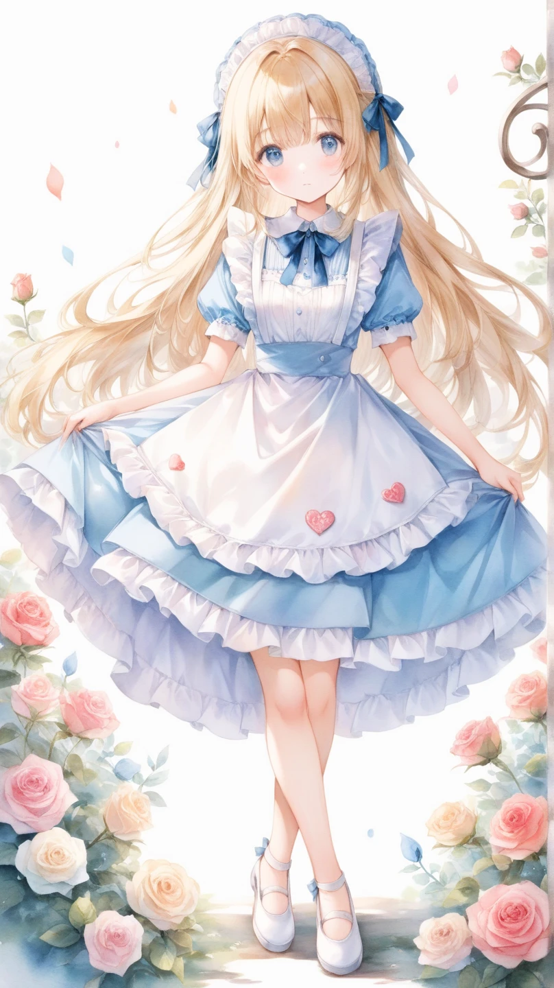 best quality, ultra highres, photoreaslistic, a photography of a cute girl, detailed face, (PureErosFace_V1:0.008), Alice in Wonderland, 13yo, blonde wavy hair, white apron, blue dress, playing card pattern background, no make-up
