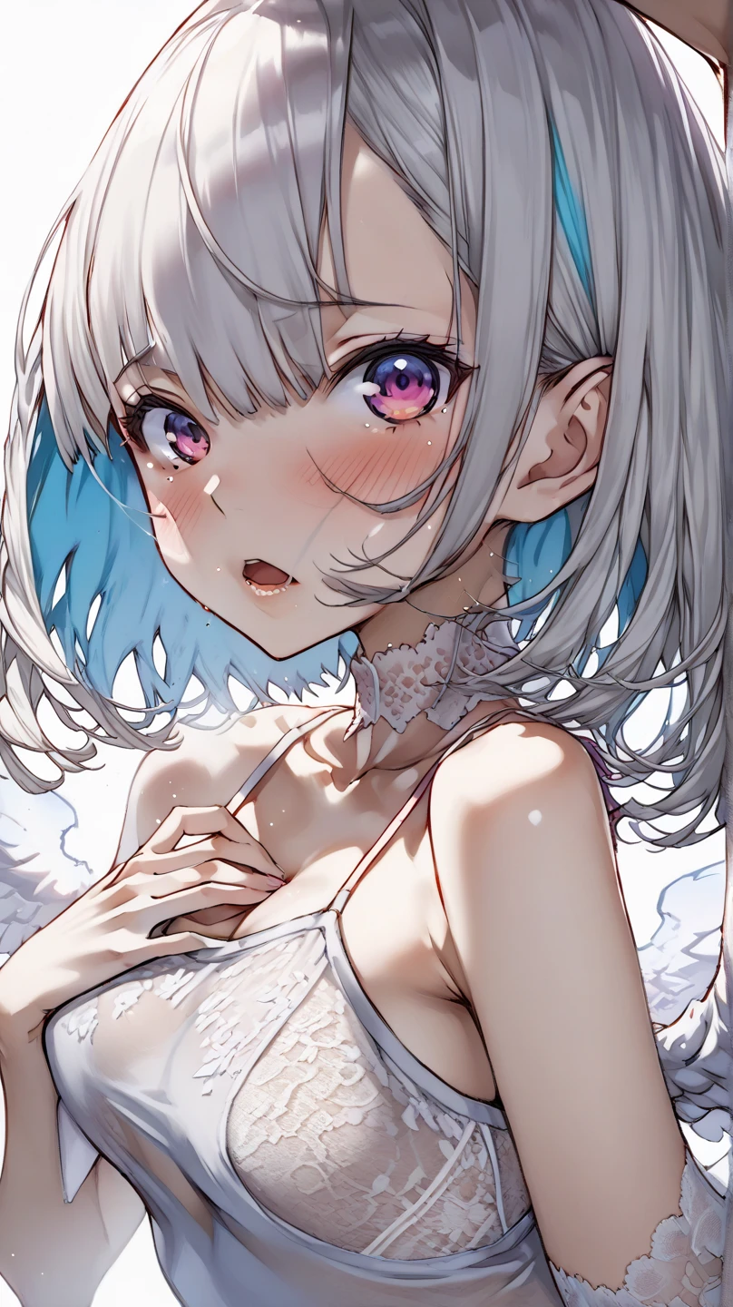 beautiful, masterpiece, Highest quality, anime, One girl, C Cup,Portrait Shot, View your viewers, Intricate details,>,((Covered、Short Hair、nearby、Blue Eyes、art、、White hair,Blue streaked hair、wallpaper、、hairpin、smile、Angel、Nipples、Thighs、Halo、Lying on your back、yellow_liquid、nude