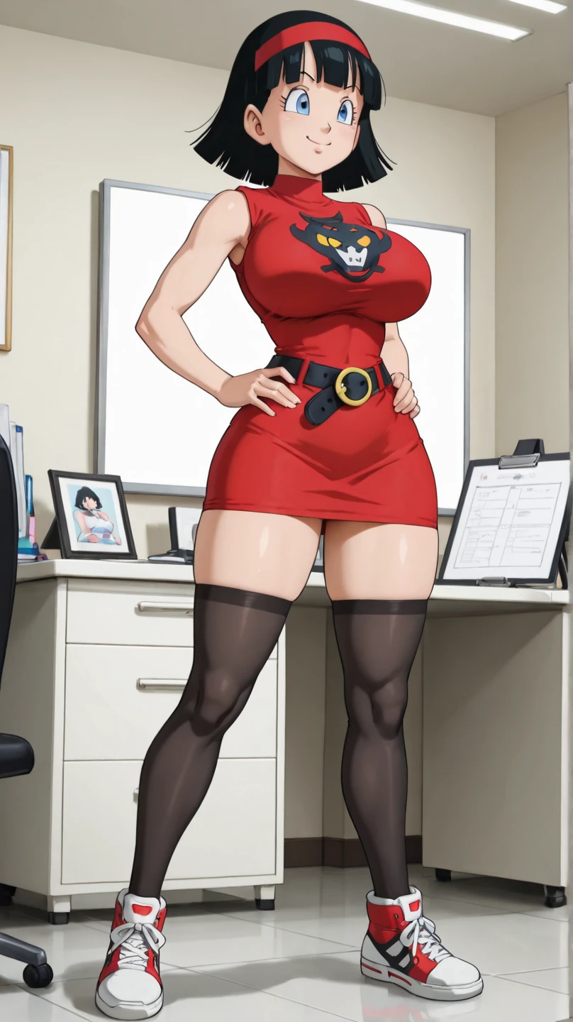 ((Pyroar)), anthropomorphic, big boobs, big ass, pokemorph, (((1girl))), (((red blouse))), (black pencil skirt), cute and sexy, (black heels), slender, brown skin, (glasses), long legs, smiling