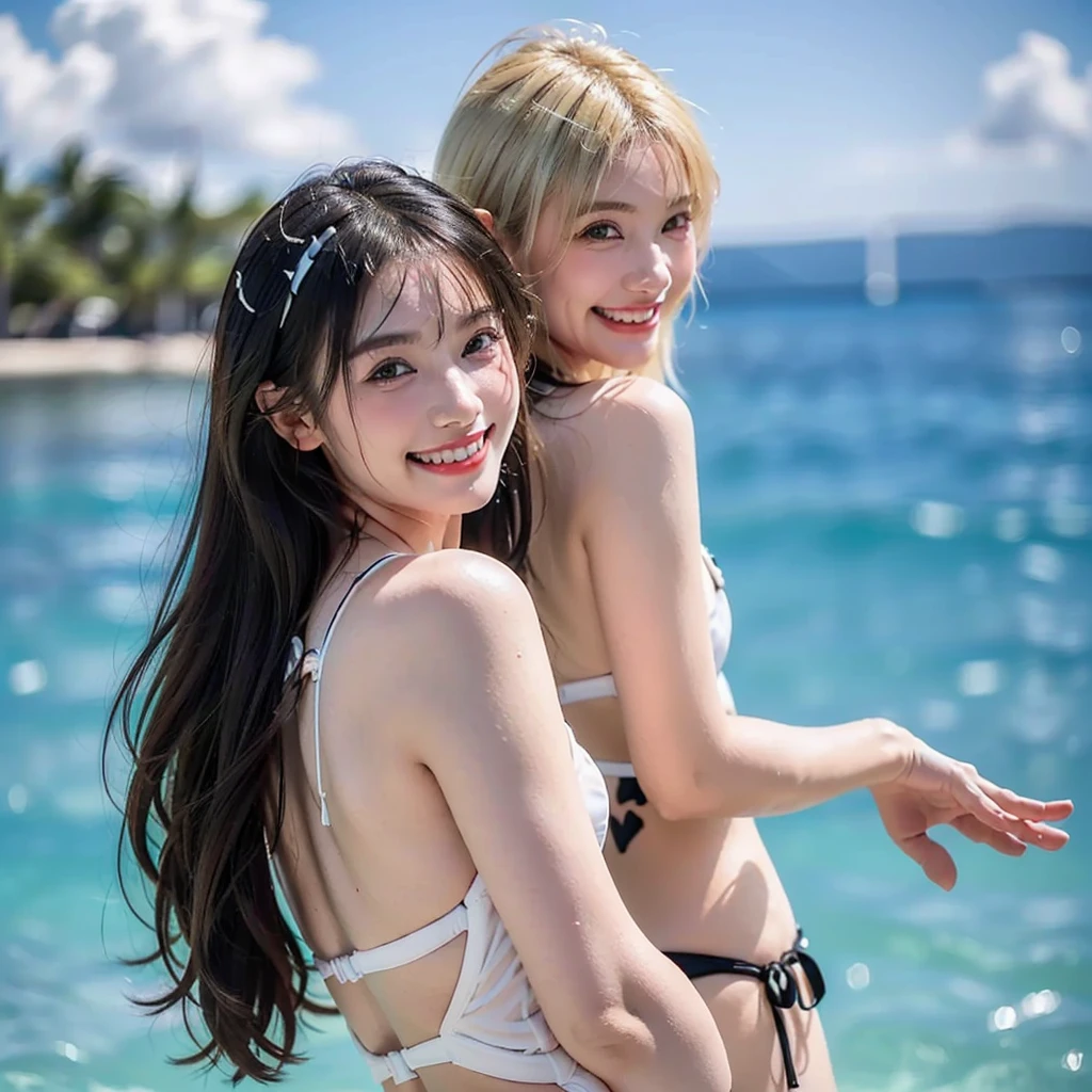 Photorealistic, 3 beautiful japanese gals, selfie, face enhancement, face zoom, big smile, Long blonde hair, wavy hair, dark skin, beach, bikini, looking up from below