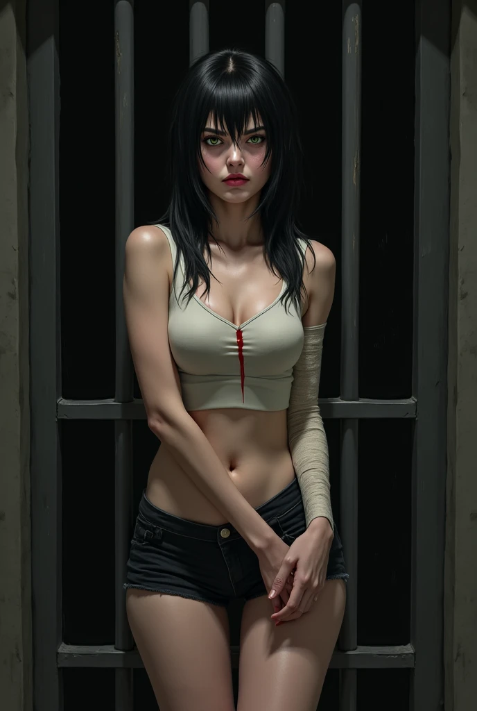 Teen prisoner, (((superbly beautiful))), (((wearing torn orange prisoner uniform))), (revealing breasts and pussy), (detailed face and eyes:1,2), in a dilapidated prison cell, messy short hair, wild yet gorgeous face, seductive, tantalising body, round breasts, shallow cleavage, ((breast way apart)), hairy pussy, curvy, toned abs, firm thighs, beautiful arabian teens, cinematic, ambient mood, hyper realistic, ((real photography)), full body shot, chained to iron bars