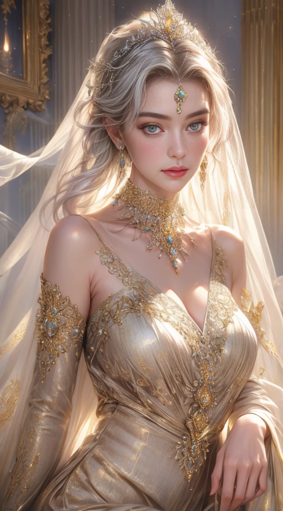 (Highest quality,8k,High resolution,masterpiece:1.2),Very detailed,(Realistic,Realistic,Photorealistic:1.37),Portraiture,Creative style artwork,historic,Classic,Sophisticated,Variety of colors,Very detailed,Soft lighting,Luxurious surroundings、,Bright flowers,Elaborate jewelry,Ethereal atmosphere,Elegant pose,Graceful curves,Gold Body Proportion,Flowing Hair,Breathtaking textile patterns,Stern purple eyes,Delicate floral decoration,A stunning array of crystal accessories,Mysterious and dreamy atmosphere,Perfect attention to detail.伯爵令嬢とloverが見つめ合い幸せに笑う姿、lover、like、Sparkling
