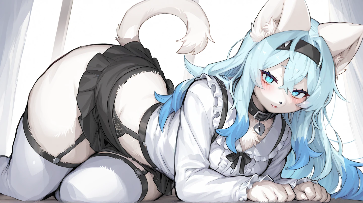 slender body、slim body、slim legs、猫の尻尾、猫の耳、gigantic hips 、looking back、
