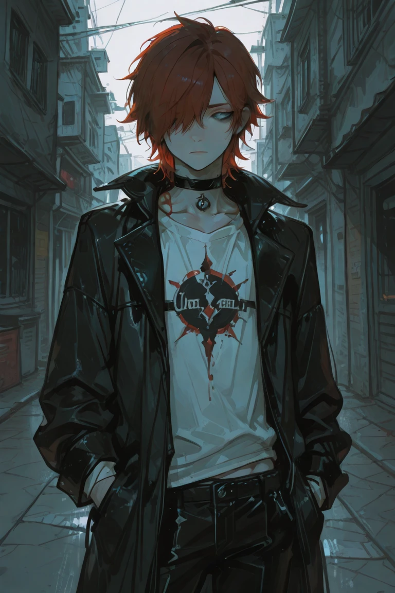 kannba, cowboy shot, boy, black wolf on the side, blue eyes, black jacket, chibi, day, highres, jacket, titan jaw, leather, leather jacket, looking at the viewer, luguoadeli, orange hair, dog collar tags on neck, shirt, sky, solo focus, comment only symbol, two-tone hair, upper body, black wolf on the side, white shirt