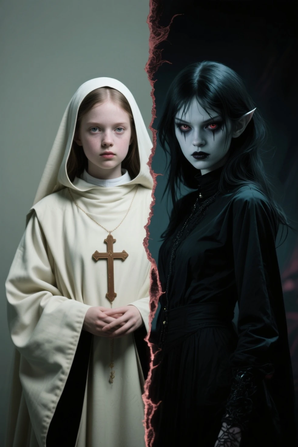 GIRLS CHILDREN, BACKGROUND WITH CROSSES, BLONDES WITH VERY LONG STRAIGHT HAIR GOTHS, WITH FIRE CANDLES. RED BACKGROUND.