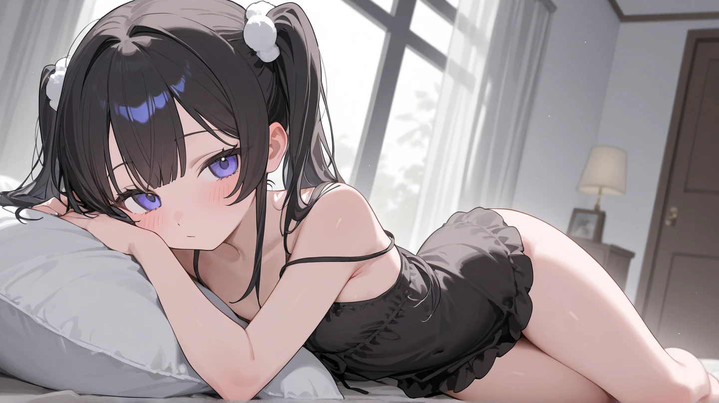((1 female))、NFSW、masterpiece、Highest image quality、ultra high resolution、Medium-sized elementary school girl、red and large eyes,、Black hair medium shorthair、The inside of the hair has blue coloring.、Two red hairpins、((Outside the window is a starry sky))、seductive pose、poses that invite sex、sensual pose、((perfect fingers))、Elementary school girl's pink thong panties