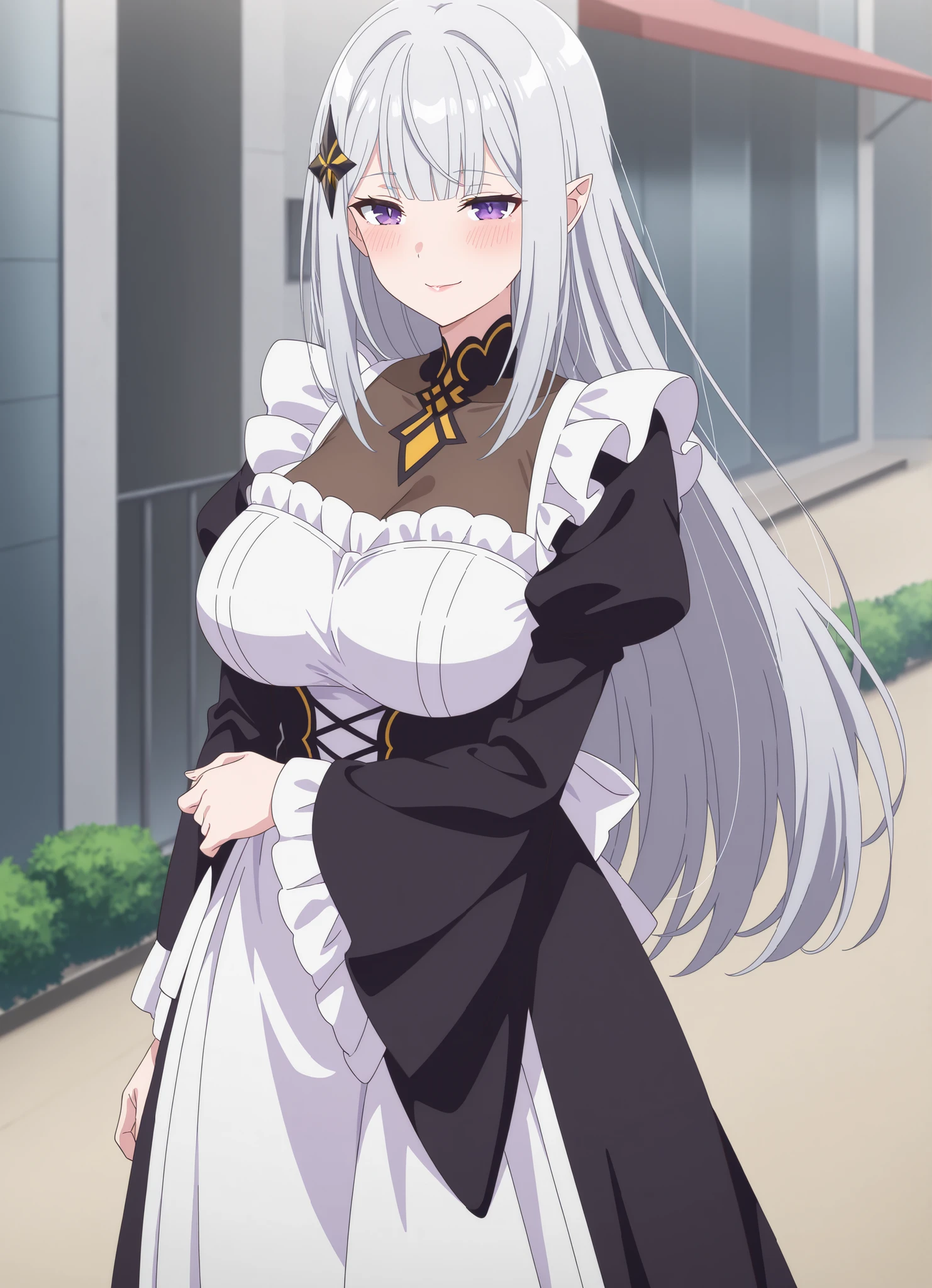 (Score_9, score_7:0.6), (masterpiece, best quality, good quality, newest:0.6) score_7_up, anime screencap, Solo, long dress, Satella, Anime, 1girl, Mature Female, pointy ears, hair ornament, blush, silver hair, long hair, closed mouth, light smirk, lips, purple eyes, Sexy, outfit_2 outdoors, maid classic, Huge Breats, view detailed body,