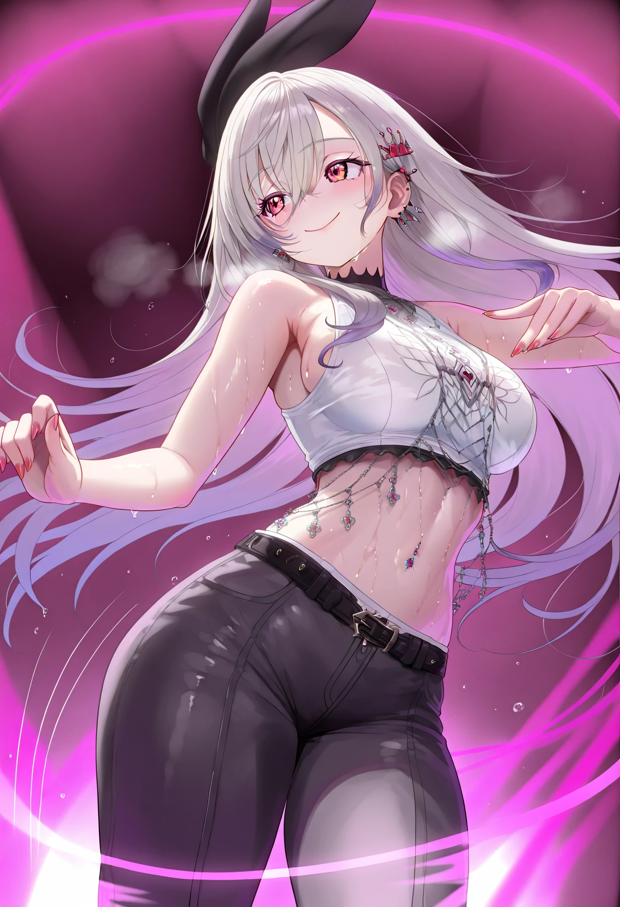 (extremely detailed CG unity 8k wallpaper), (((masterpiece))), (((best quality))), ((ultra-detailed)), (((illustration))), (best shadow), ((an extremely delicate and beautiful)), (detailed light), (well designed face), amazing face, (super detailed), cinematic shot, beautiful detailed eyes, detailed background, 1girl, long hair, red eyes, cat ears, white hair, x hair ornament, first rate breasts, first rate female bodies, thighhighs, underwear, huge breasts, cleavage, navel, spread navel, bare shoulders, armpits, blush, white legwear, crop top overhang, highleg, collarbone, pink tank top, tank top, shirt, eyebrows visible, midriff, pink panties, sleveless shirt, cowboy shot, string panties, stomach, thick thighs, two-tone legwear, large breasts, covered nipples, steaming body, thong, changing room, ((from below)), hand on tummy,