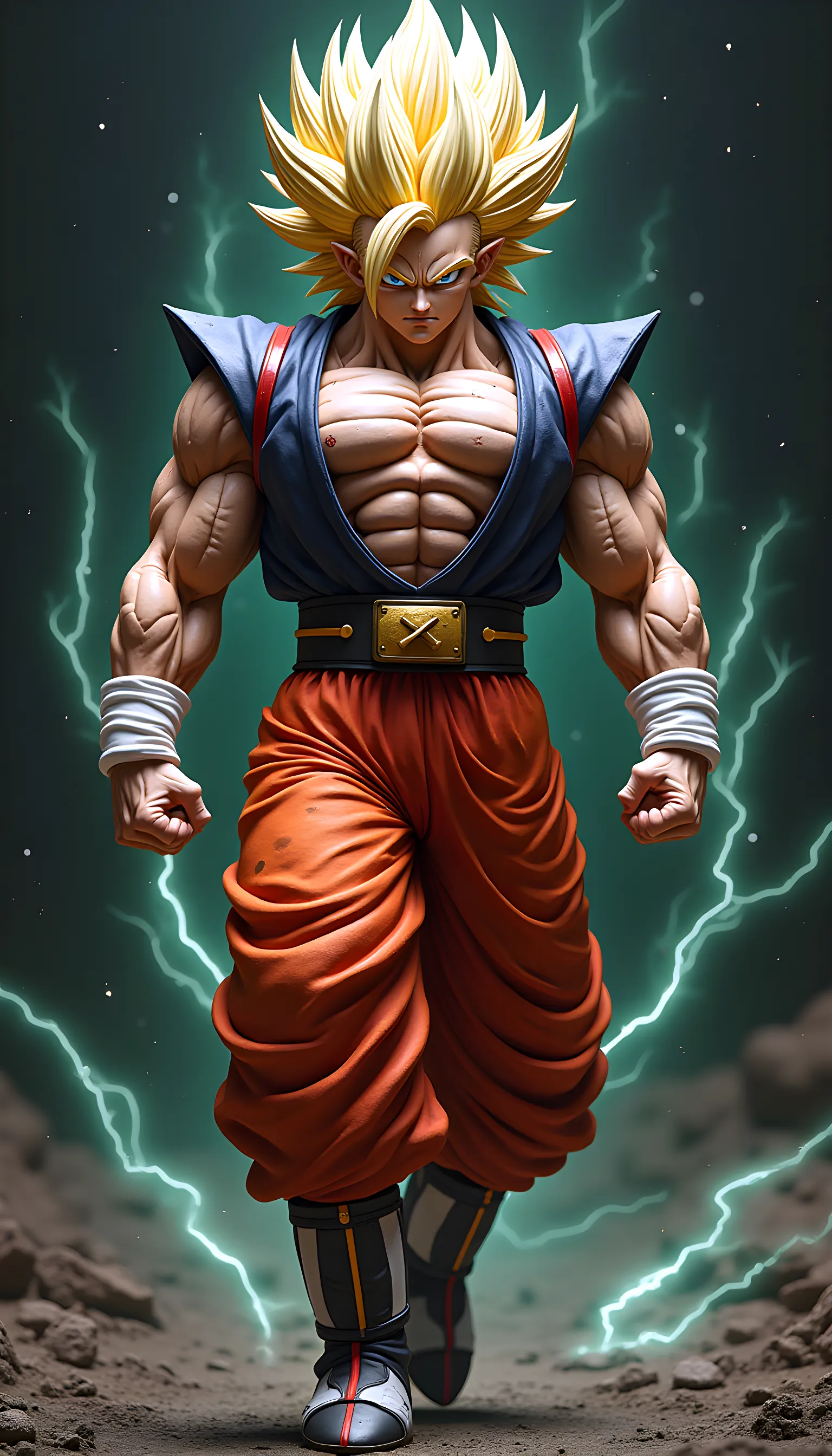 Un personnage dragon ball avec des gros muscles, qui est en super Saiyan avec des éclairs bleu autour de lui et un dispositif 