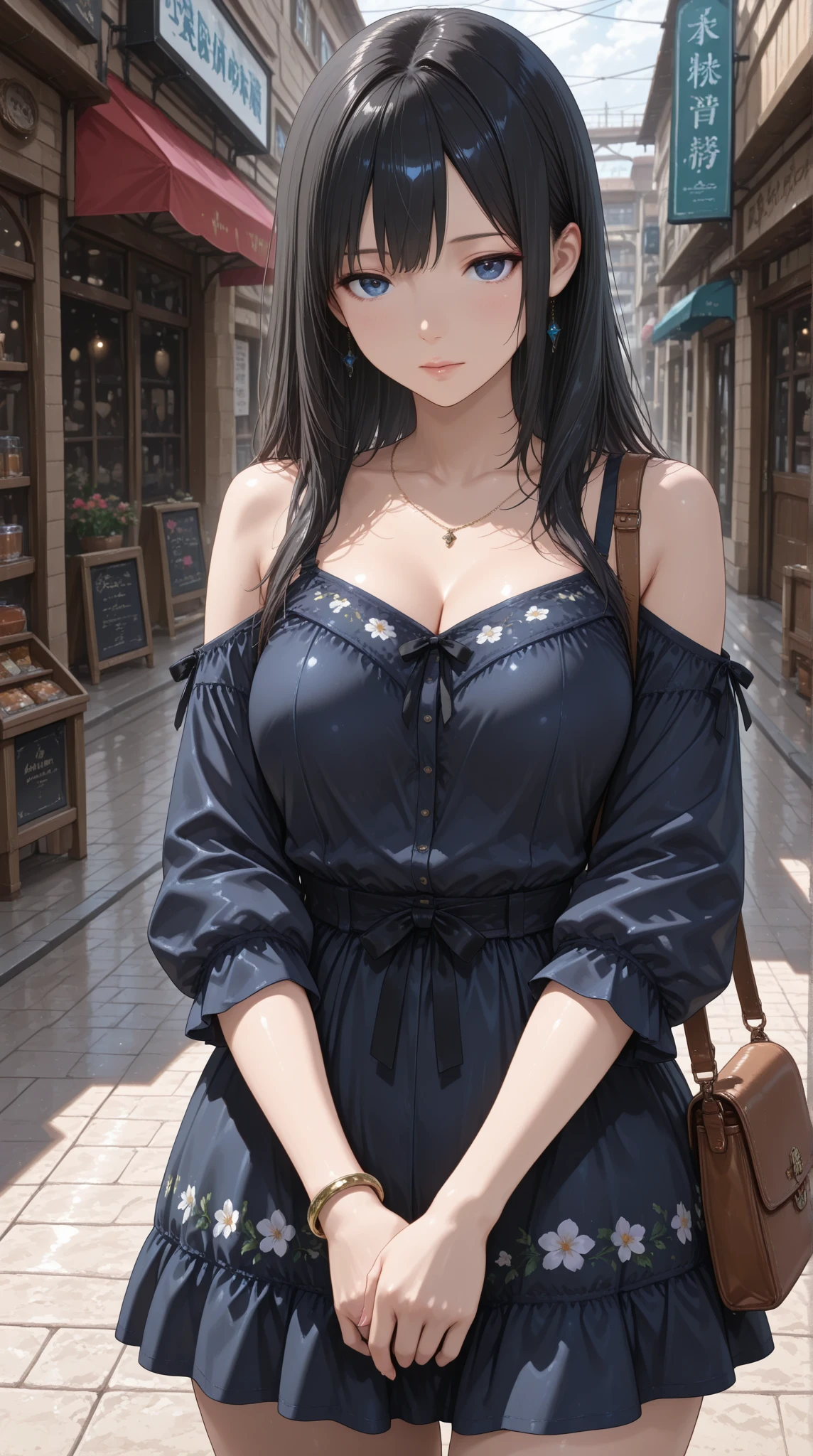 cinematic, (masterpiece), (best quality), (ultra-detailed), very aesthetic, illustration, realistic illustration, perfect composition, intricate details, absurdres, detailed face, (anime, masterpiece, intricate:1.3), (best quality, hires textures, high detail:1.2), (4k),(incredibly detailed:1.4),detailed eyes, iris,realistic shadow, harajuku fashion,curvy, The latest in cute fashion, cowboy shot,dark blue clothes ,flower printing , bangles,strap,at main shopping street , Stylish shoulder bag