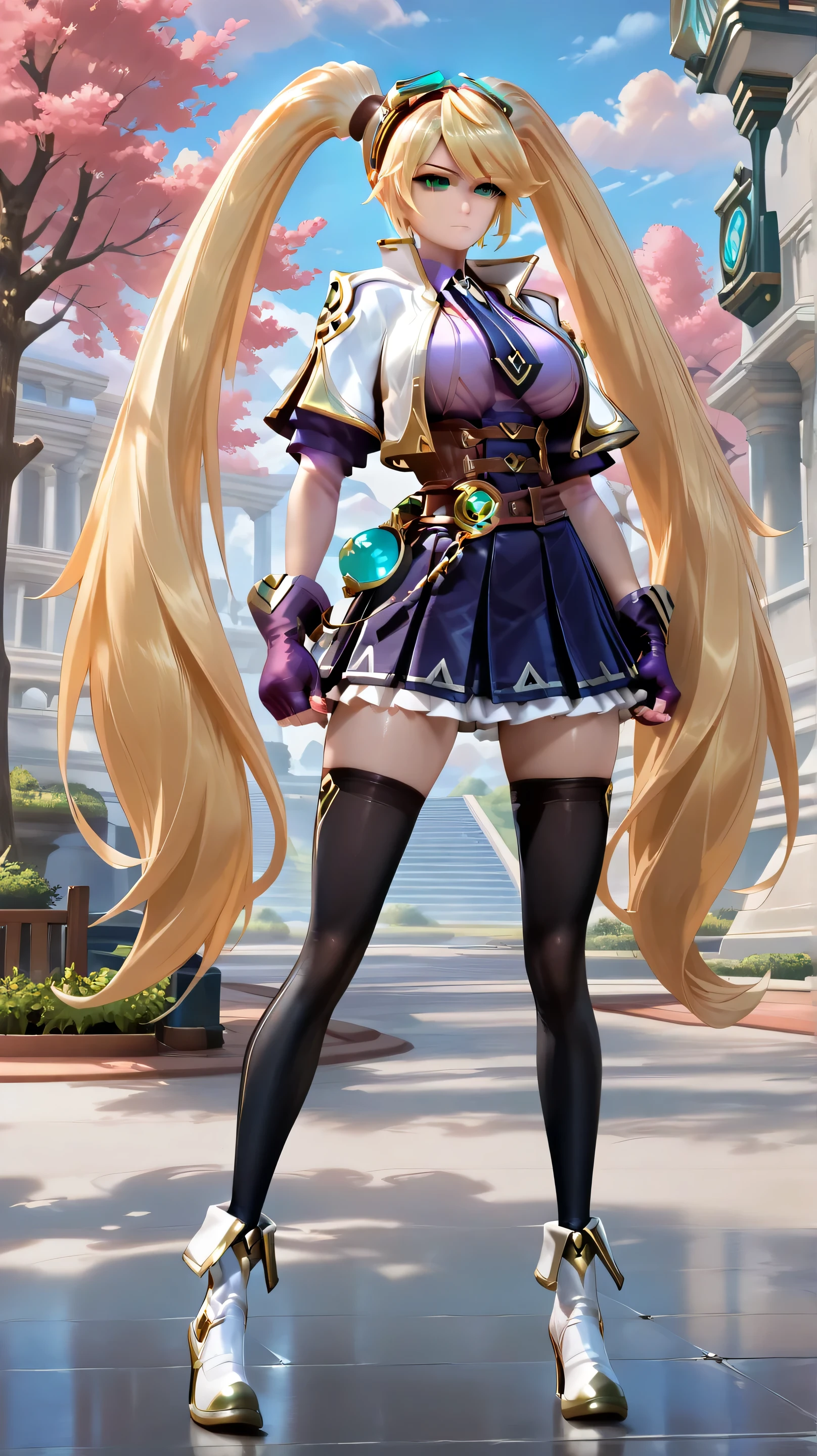 score_9_up, score_8_up, score_7_up, masterpiece, highest quality, ultra detailed, (perfect face:1.1), (high detail:1.1), (hyper detailed eyes), uncensored, (solo, 1girl, layladefault, very long hair, blonde hair, twintails, bangs, goggles on head, green eyes, purple shirt, blue necktie, short sleeves, open jacket, white jacket, cropped jacket, belt, blue skirt, pleated skirt, fingerless gloves, purple gloves, black thighhighs, white highheels boots, large breast, expressionless), Shiny, skin, dynamic cowboy shot, outdoors, detailed background, perfect anatomy, perfect body, perfect face, perfect legs, perfect hands, perfect eyes, standing still, front view