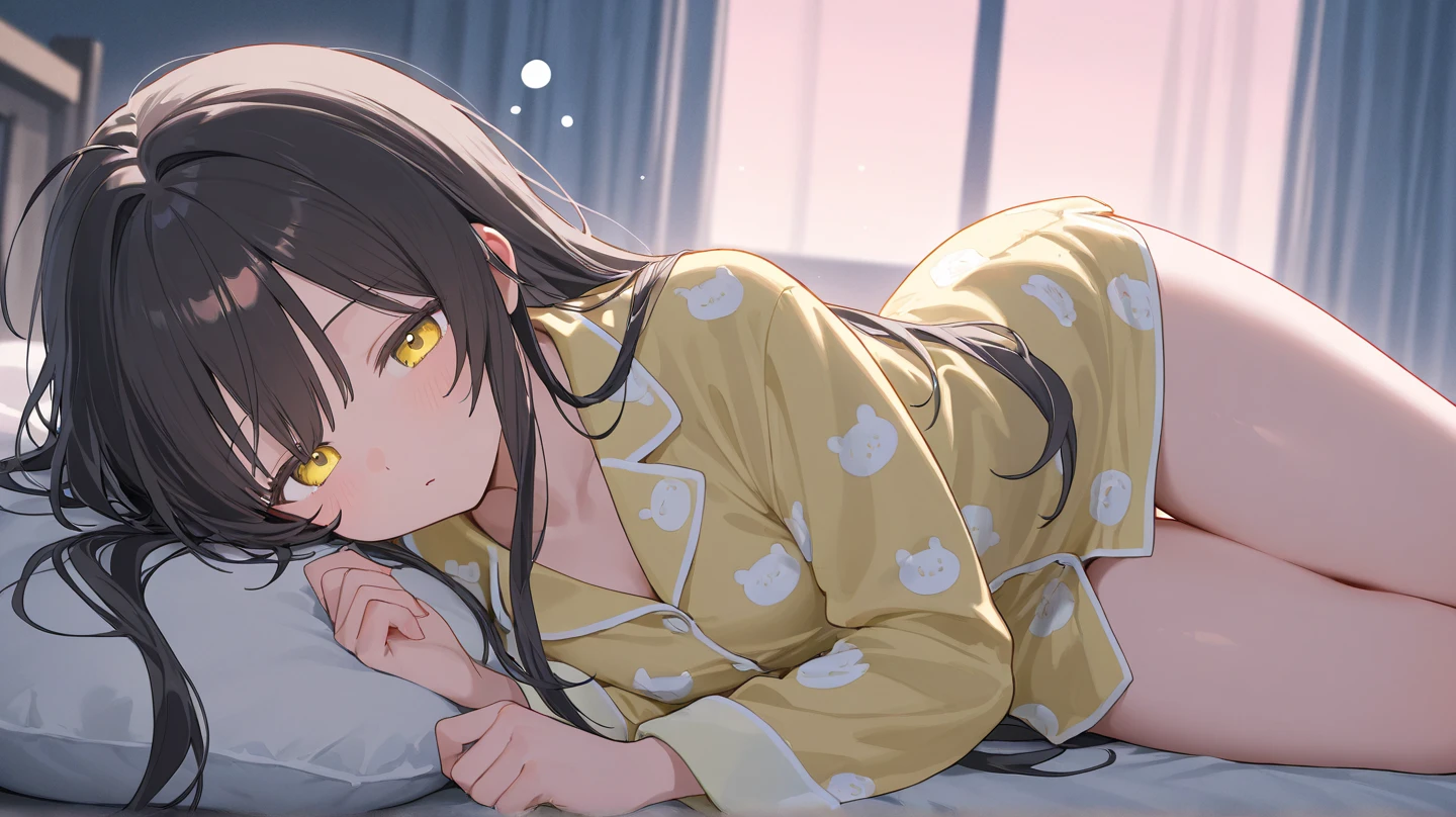 best god quality, Ultra-detailed, perfect Anatomy, (Draw a girl laying in a hotel bed), (lights are off), dark room, room is dark, 1girl, is a soft beautiful tan girl, wearing black pajama shorts, dark skin girl, tan line skin, (dark skin*2), (black + short wavy hair*1.2), Full limbs, complete fingers, groin, Beautiful gold eyes, yellow eyes, well-proportioned tan girl, smug eyes, dark pajama shirt, dark pajama bottoms, in a dark hotel room, High resolution, Best lighting by professional AI, hotel room, lights are off, looking at viewer, (((One girl in middle))), (((SOLO))), (they are laying down in bed) ((bed sheets over body))