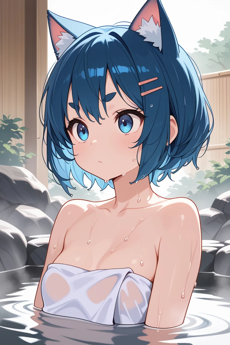 ((Highest quality)), ((masterpiece)), (detailed), (One girl),((Japanese)),10 years old, Black Hair,(Childish face), (Bob Hair), Girl ,Medium Breasts , ((Blue eyes)),shy-smile , ((Naked)),((topless)), Sunlight , ((upper body)) ,Plateau, lake, swim,Lake bathing,