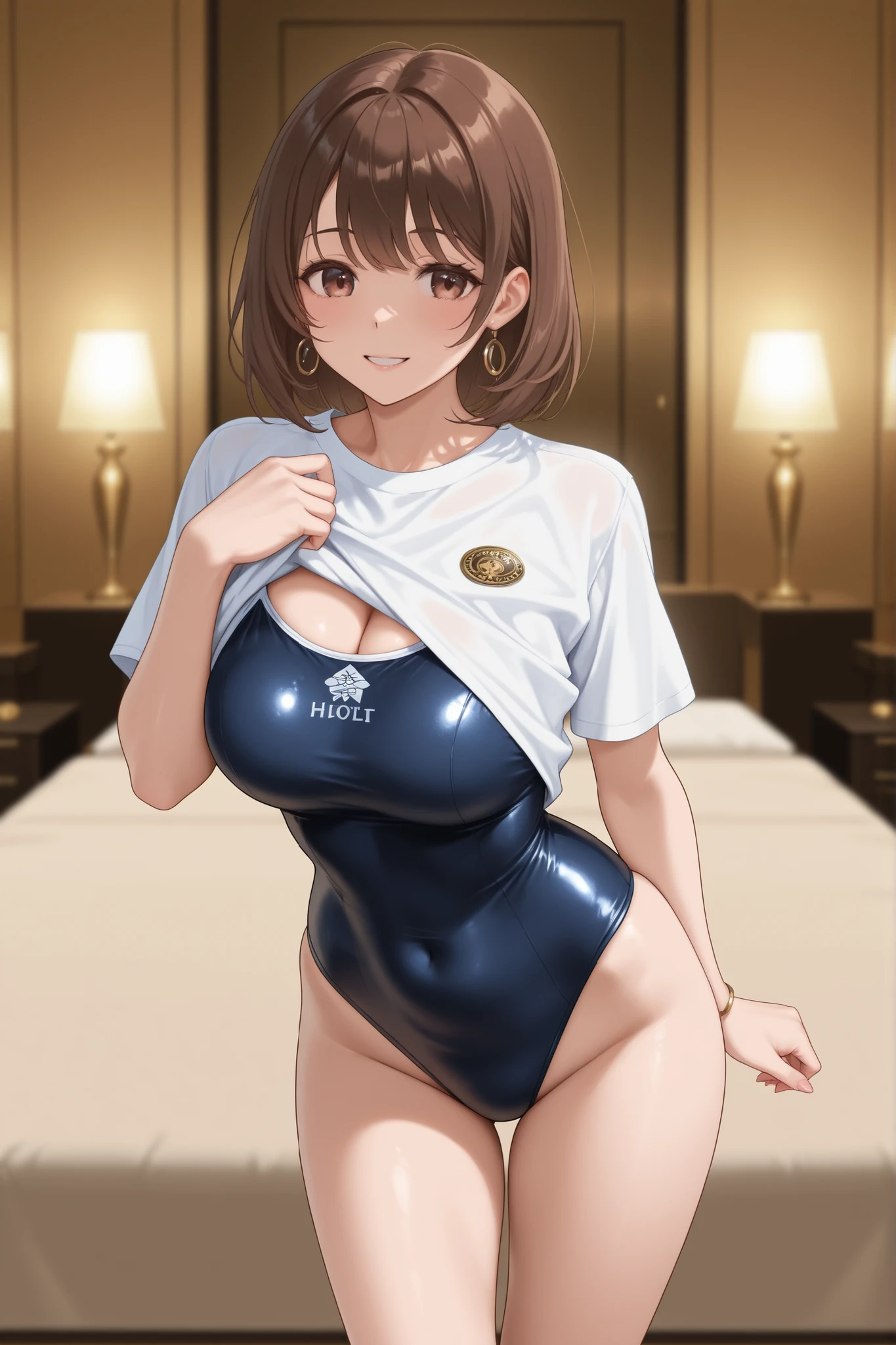 8k、masterpiece、Japanese、Woman wearing glasses、anise、from the front、smile、Childish、Big Breasts、Transparent school swimsuit、night、Bedroom、Spread your legs and show、Pee is yellow