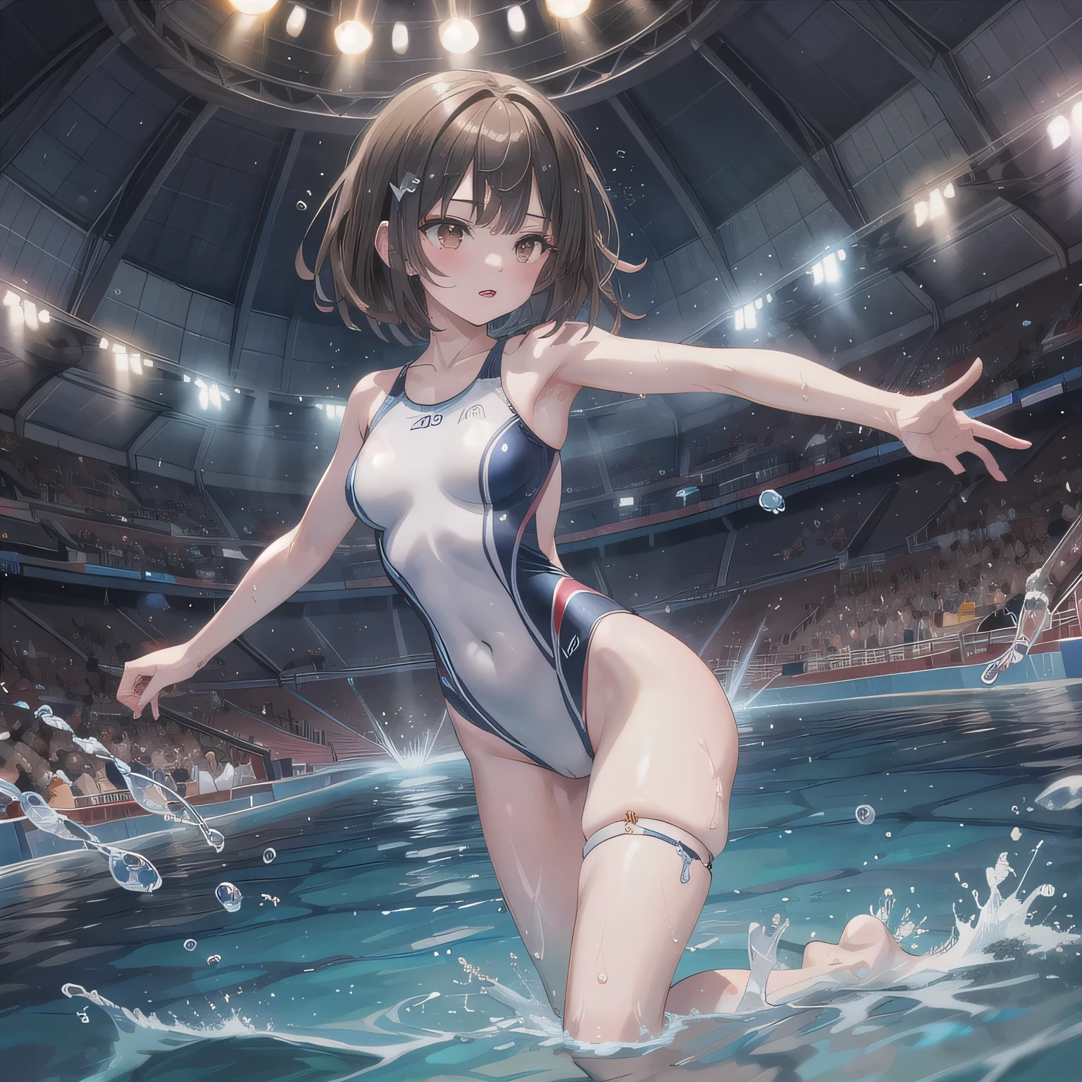 Photo of a 20 year old woman, Perfect Face, masterpiece, good, High leg competitive swimsuit、good,  Dynamic Perspective、Jump into the pool、Splattering droplets、Serious face、Crouching Style、Olympic Swimming Venue、Nipple swelling、Pussy Cameltoe、View from the butt