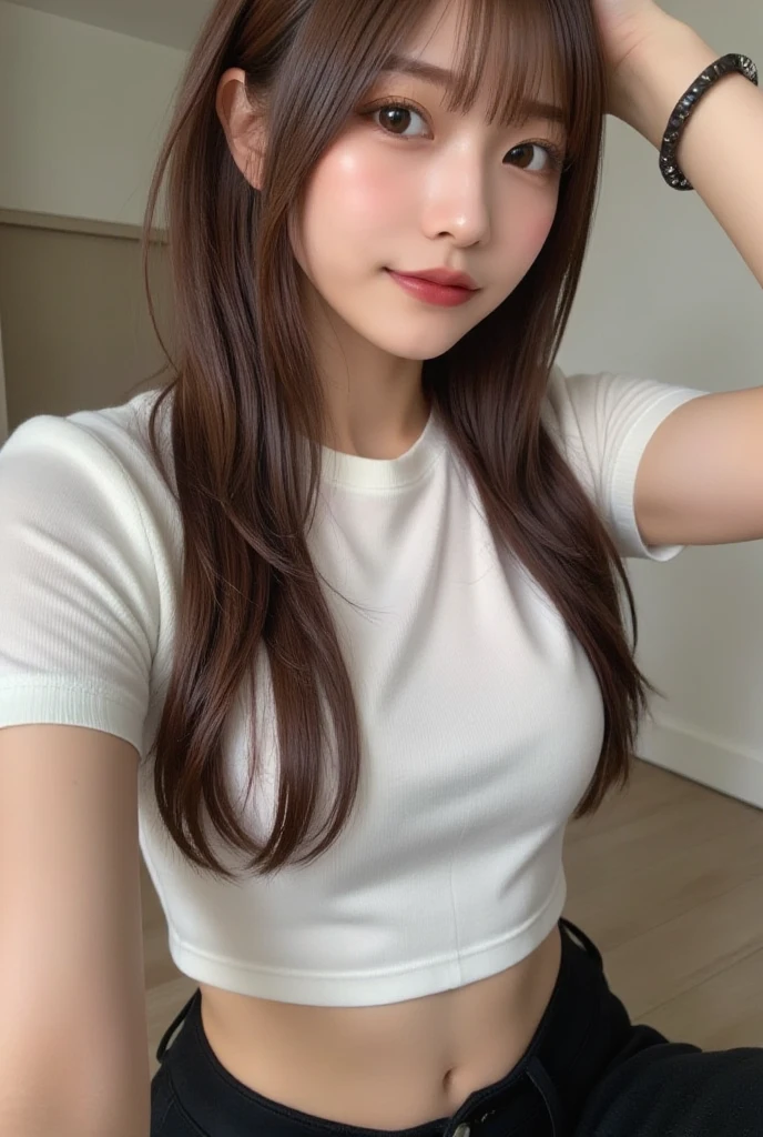 (8K, Raw photography, best quality, masterpiece, realisitic, photo-realsitic:1.6), clear, professional lighting, ultra high res, ultra detailed, 1 japanese married woman, 30-years-old, (head out of frame:1.8), (extreme close up:1.8), (small breasts:1.8), ultra-detailed face, (round face:1.8), (no-makeup look:1.5), (gentle smile:1.3), embarrassed, blush, (Blunt Bangs:1.3), Brown hair, long hair, (Curly Hair:1.2), Beautiful detailed skin, Skin Texture, (wearing graycolor shirt:1.2), (tiny Height:1.1), in kitchen.