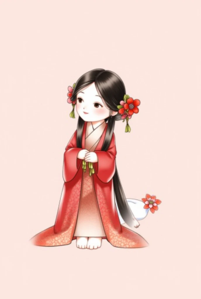 a stylized illustration of a young girl dressed in traditional Japanese attire, specifically a kimono. The kimono is predominantly red with white accents and floral patterns. The girl has dark hair styled in a traditional updo adorned with large, colorful flowers, including a prominent red flower with green leaves. She is holding a white flower with green leaves in her hand. Beside her, there is a white bird, possibly a dove, standing on the ground. The background is a soft pink, giving the image a gentle and serene feel. The overall style is whimsical and elegant, with clean lines and a harmonious color palette.