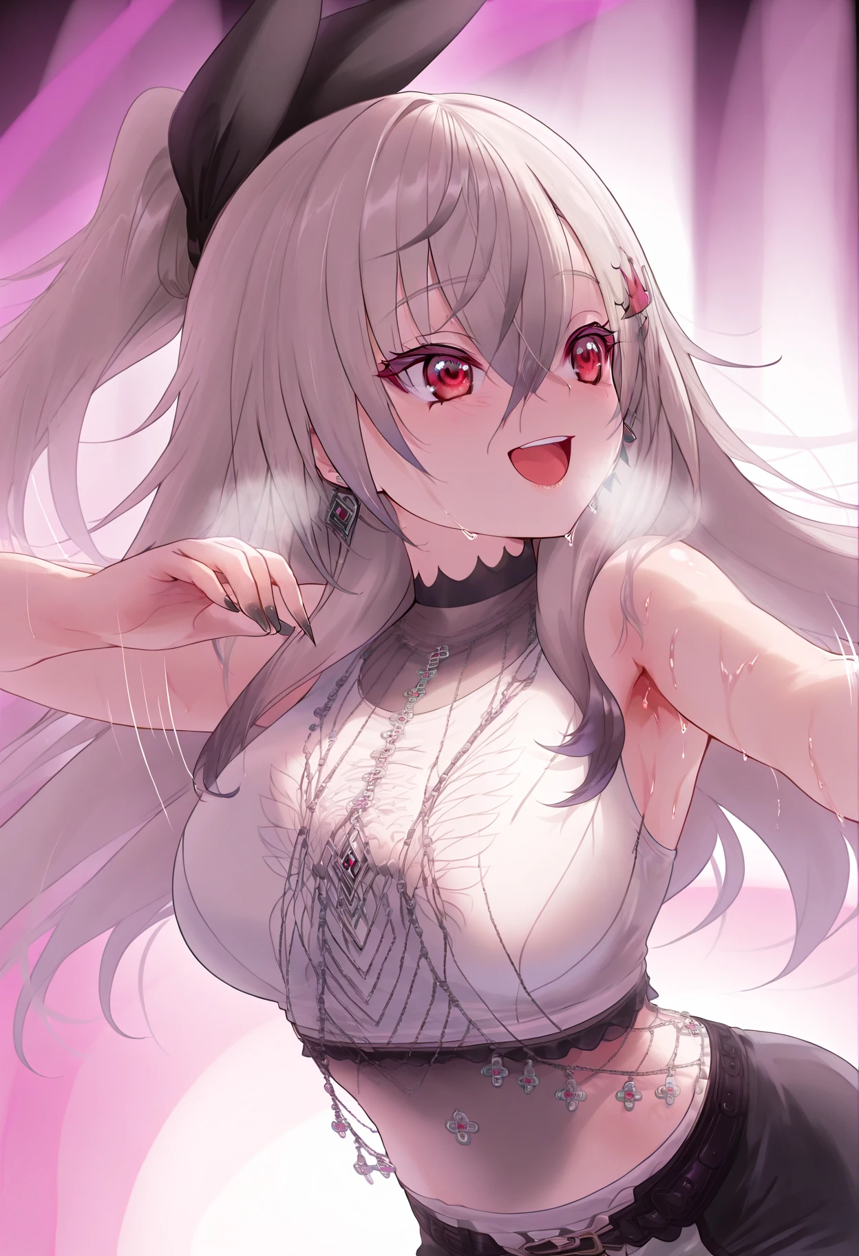 (Highest quality), (High resolution), (masterpiece), (Super detailed), Wolf Ears, Silver Hair, Long Hair, Blue Archive Art Style, One girl, Silky skin, Shiny skin, An athletic body, blush, Heart Pupil, Heavy breathing, chest, (Very cute black and purple lingerie with frills,Short skirt), Take a shower, Front view, (Bright saturation), Spread your legs wide apart, Raise your arms up and place them behind your head, Lift your butt, squat, Dripping love juice, Push your crotch forward, Stick your tongue forward, 大きなchest
