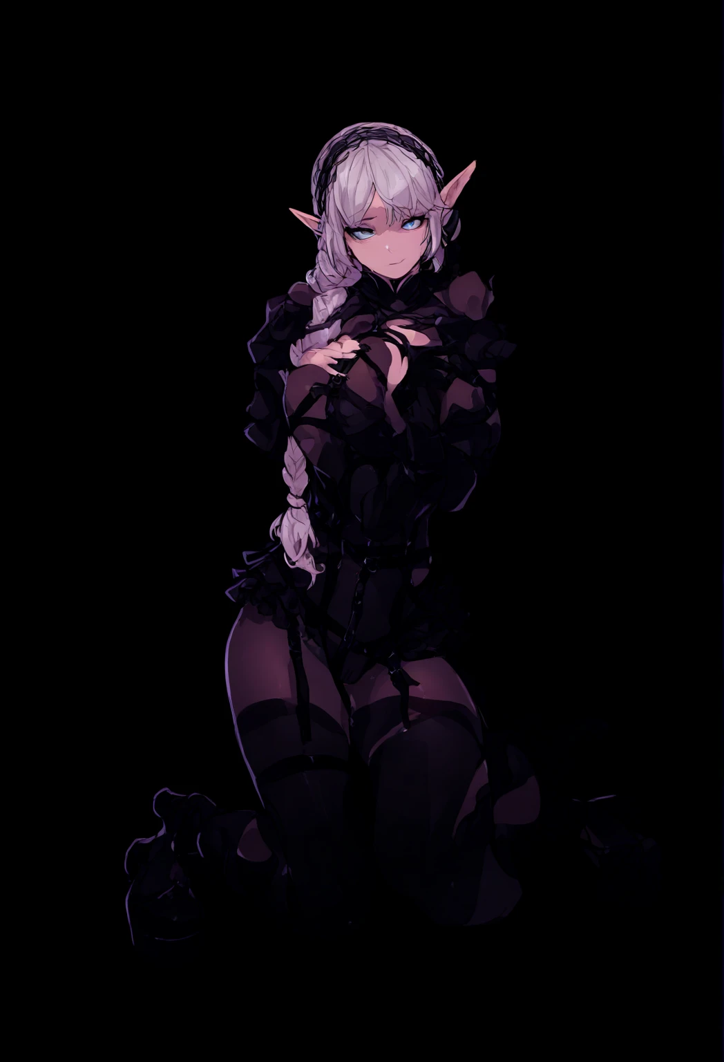 Masterpiece, ultra quality, gorgeous woman, dark souls, demon girl, black hair, long twintails, ultra detailed eyes, deep eyes, oiled body, (muscular), lucious lips, big breasts, perfect nipples, big ass, perfect anatomy, perfect hands, perfect fingers, perfect feet, (luxury negligee:1.4),pierced ears, sexy pose