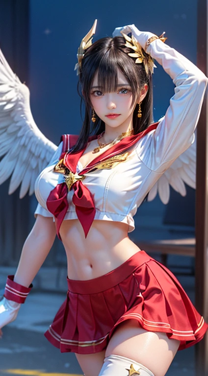 Ultramicroscopic examination, Superior Quality, Ultra-detailed CG Unity 8k wallpaper,  Intricate details, (1 female), 18-year-old, Bright crimson mini front skirt: 1.4,カキShowing panties？(Same 1, Hull, Sailor Warrior Uniforms, White gloves, Sailor Red Color, Red Skirt, Showing panties，(Sailor Warrior Uniforms: 1.4)，Sailor Mars: 1.2, Meshhonv), Incredibly straight purple black hair: 1.2, beautiful, length, Straight and shiny hair: 1.2, Sailor Warrior Uniforms, Showing panties，((The purple ribbon in the center of the chest is very large...: 1.4, Gold headdress on forehead: 1.5, Please wear red gloves on your elbows.: 1.1, Bright crimson，Combined with luxurious gold details: Enamel Knee High Boots: 1.3, Crimson Collar, Saturated Crimson Sailor Necklace, white length latex gloves，Decorated in luxurious gold color: 1.3, There is a big red ribbon on the back of the waist...: 1.1, Red Necklace, Look sexy and bold, Red Star Earrings)), sorry, very length hair, Parted bangs,(Captivating smile, Very cute face, Facial details: 1.5, Bright purple eyes, beautiful顔, beautiful目, Bright Eyes, beautiful唇: 1.3, Delgado, sharp, Thin eyebrows, length and thick eyelashes, Double Tab), Pure Gold Jewelry, Huge white wings, slim and muscular, Muscular Abs, Bored face, Huge breasts, Perfect proportions, Tight waist,