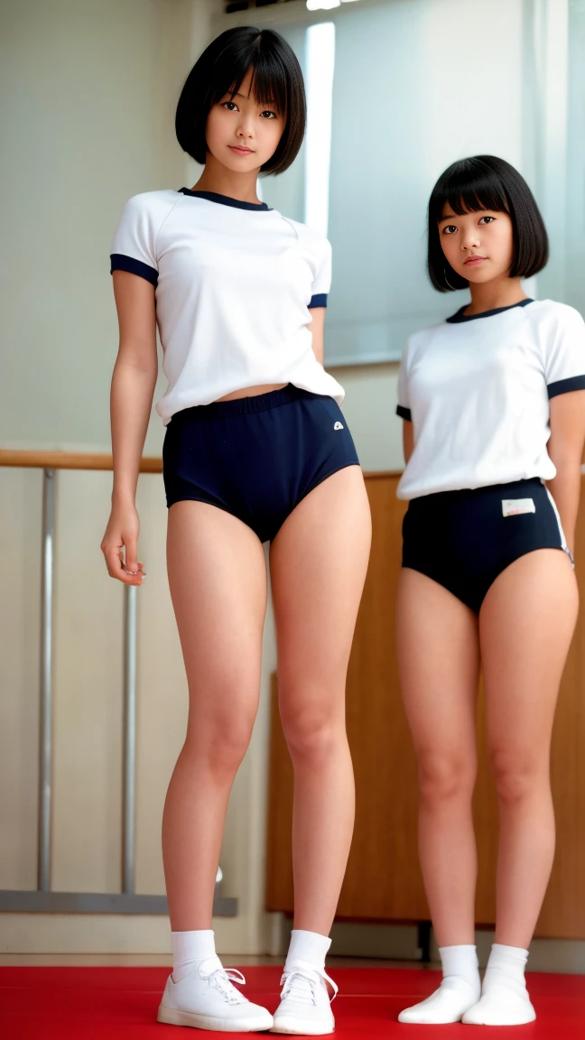 Teenage Japanese Girl, White tight shirt, タイトなBloomers, bloomers, pointy big breasts, very small nipples, Bloomers、Long legs,Long white socks ,Embarrassed face, Side stand pose,volleyball,open small, View from below、Back view、Full body view