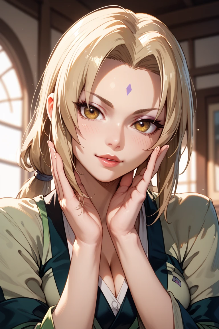 A large snake , is mesmerizing Tsunade with the characteristic swirls of colors in her eyes. Tsunade is staring at him with a mesmerized expression