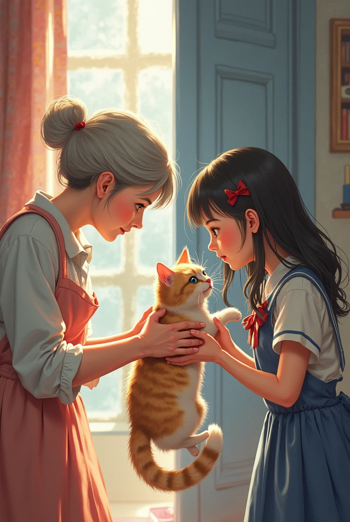Chinese mother in defense pose in foreground behind Latin girl with Chinese eyes clutching her mother's piernas, little orange cat grabbing mom'pierna, ropa colorida, ambiente casas coloniales, Mom and daughter, una madre una hija un gato
