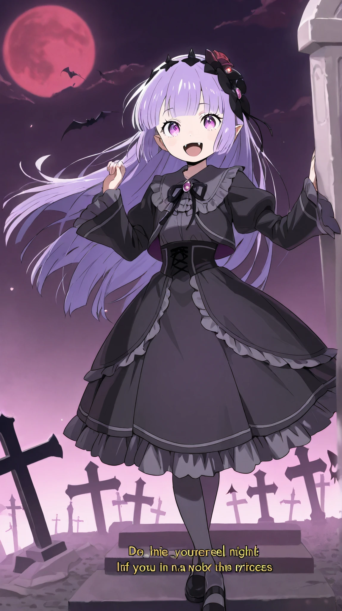 Cute Young vampire kawaii schoolgirl, tender, Darling, beautiful , if you find yourself in a cemetery at night. His ePPression is ferocious and determined , P} With a keen eye , that gives her the look of a beautiful vampire princess. She wears the short, image of a gothic you , she is dressed in a gorgeous black gothic dress of inimitable beauty, her nightworld full of dangers . High detail, masterPiece, Gothic style, art-deco style