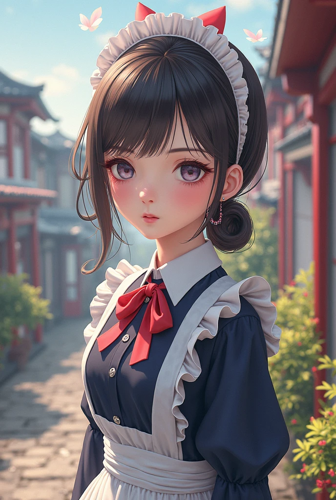 detailed face, cute face,brown eye, ((sfw: 1.4)), (sfw,She is wearing a long white embroidered skirt, a red blouse with lace, a white apron tied around her waist, blue socks, and brown leather shoes.A blue scarf is on her head. Yes, her accessories include necklaces, earrings, and bracelets. 1 Girl)), Ultra High Resolution, (Realistic: 1.4), RAW Photo, Best Quality, (Photorealistic Stick), Focus, Soft Light, ((15 years old)), ((Japanese)), (( (young face))), (surface), (depth of field), masterpiece, (realistic), woman, bangs, ((1 girl))