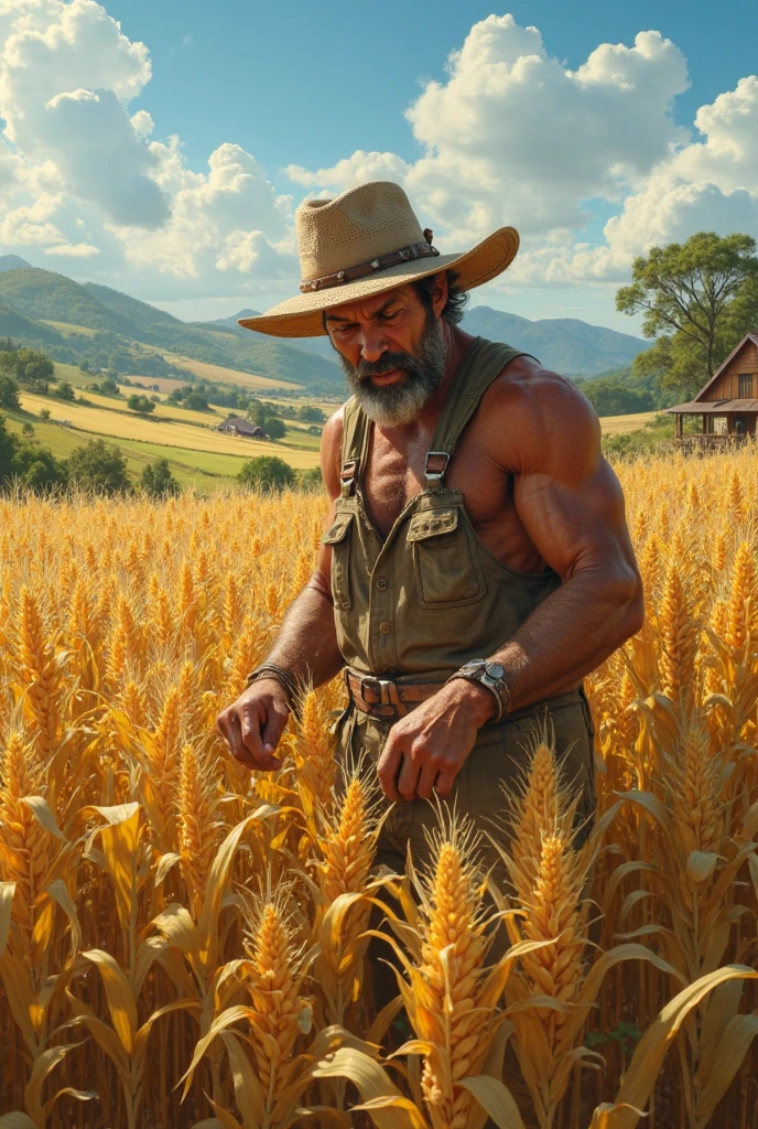 mining in the wheat field, in a field of grass, in the countryside, bare back, on a sunny day, by Thomas Hafneraraffe in a field of wheat with a hat on, in a field, in a wheat field, posing in the wheat field, in the middle of a field, standing in a field, in the vast fields of wheat, ca