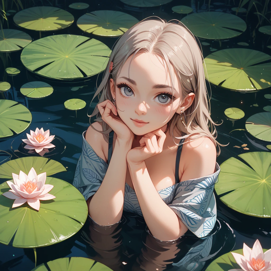 (3 girls), Indonesian baby face,, cute ,blue eyes,ปากชมพูอ่อน ยิ้มcute, ,(naked, Perky chest, bare chest, tits. (((round chest))) ,Sitting on a large lotus leaf in a pond in the rainy season. Digital image. ,As a matter of fact, whole body ,Wear very little.., High Definition 8K High Definition, Random pose, The best of photography. (((round chest1.2)))