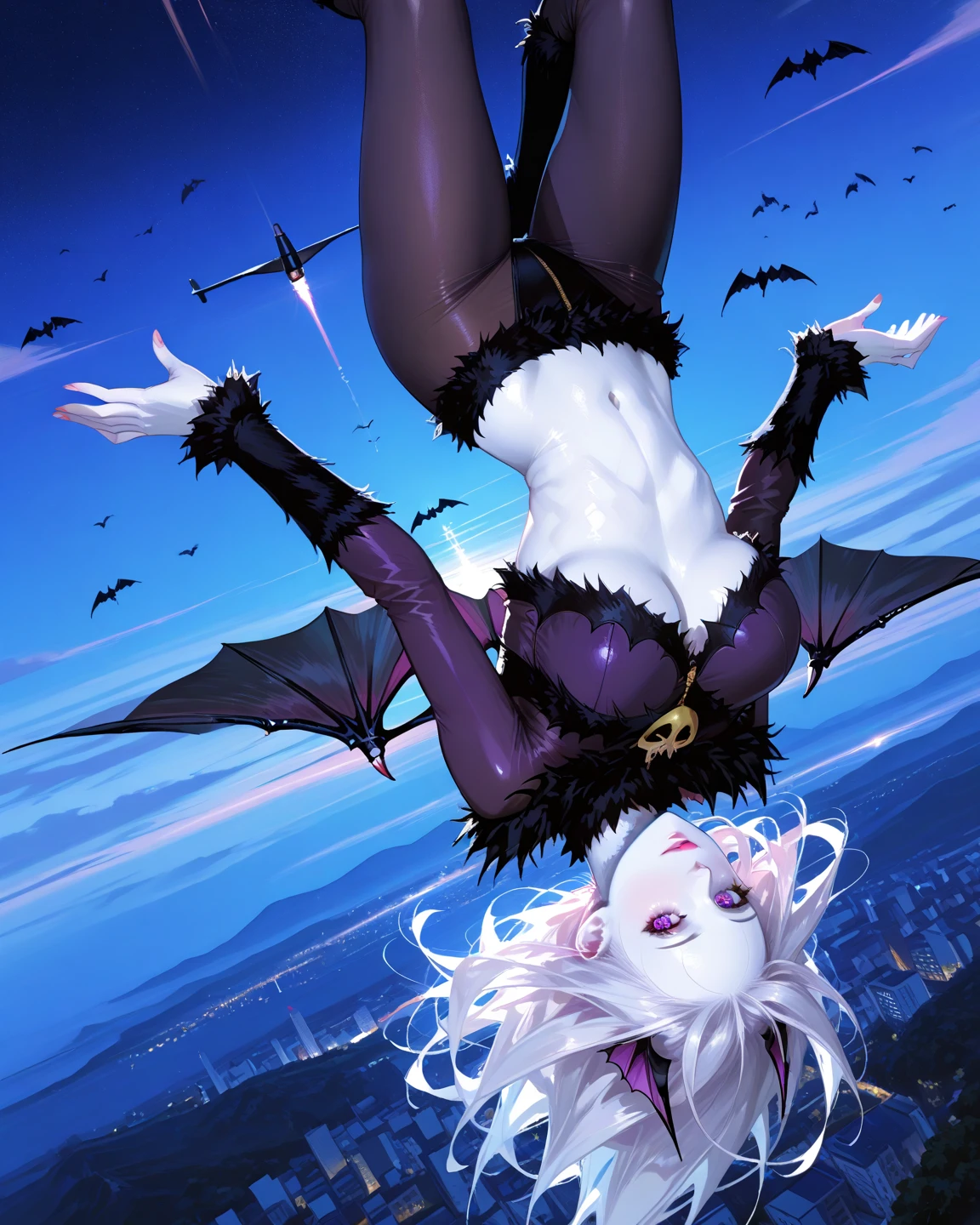 giant girl 50,000 feet high,， Have a pair of long legs，Possessing a pair of huge demon wings，Has white waist-length hair，Loose hair，Wearing a pair of long boots，white curly hair，A look of enjoyment，Standing tall in a small town crowded with people, destroying them wantonly，It seems like an invincible existence