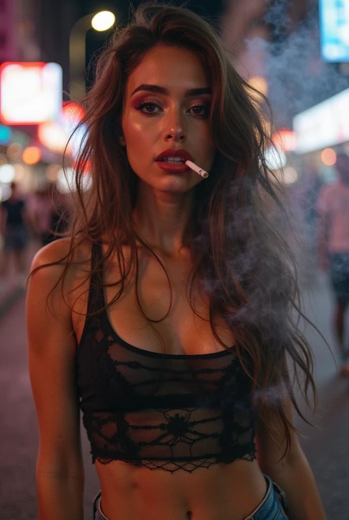 caucasian woman, brown eyes with strong makeup, sharpy face, fine nose, strongly wavy brown hair, thick lips, mouth with a smile slightly turned to the right, cigarette in the mouth, psychedelic background, with smoke covering half of the body, in the city night, in ripped jeans, and the 70% transparent black tops.