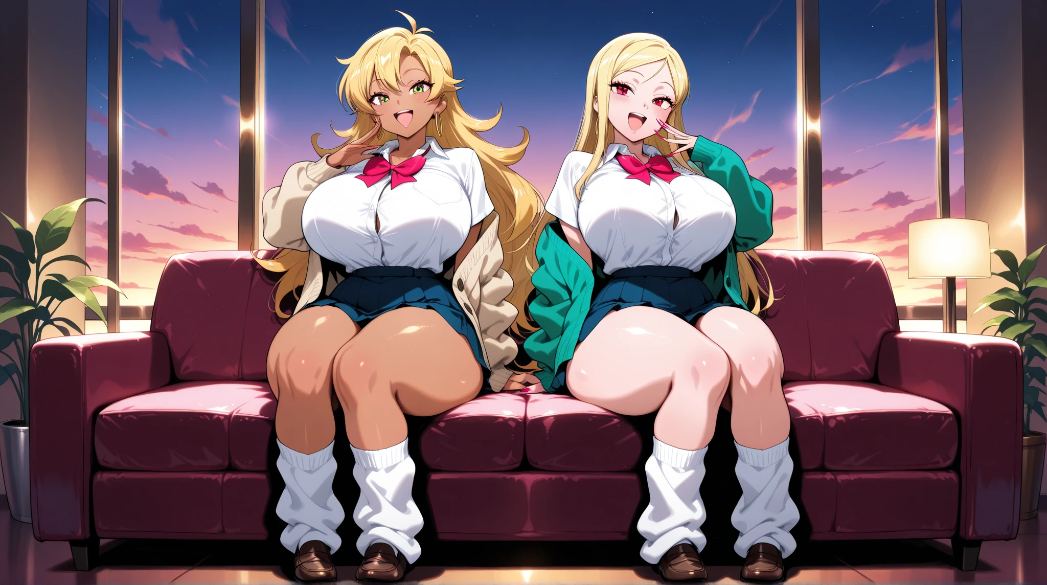 Masterpiece, top quality, huge breasts, smile, school classroom, sitting, desk top, micro bikini, gyaruko school