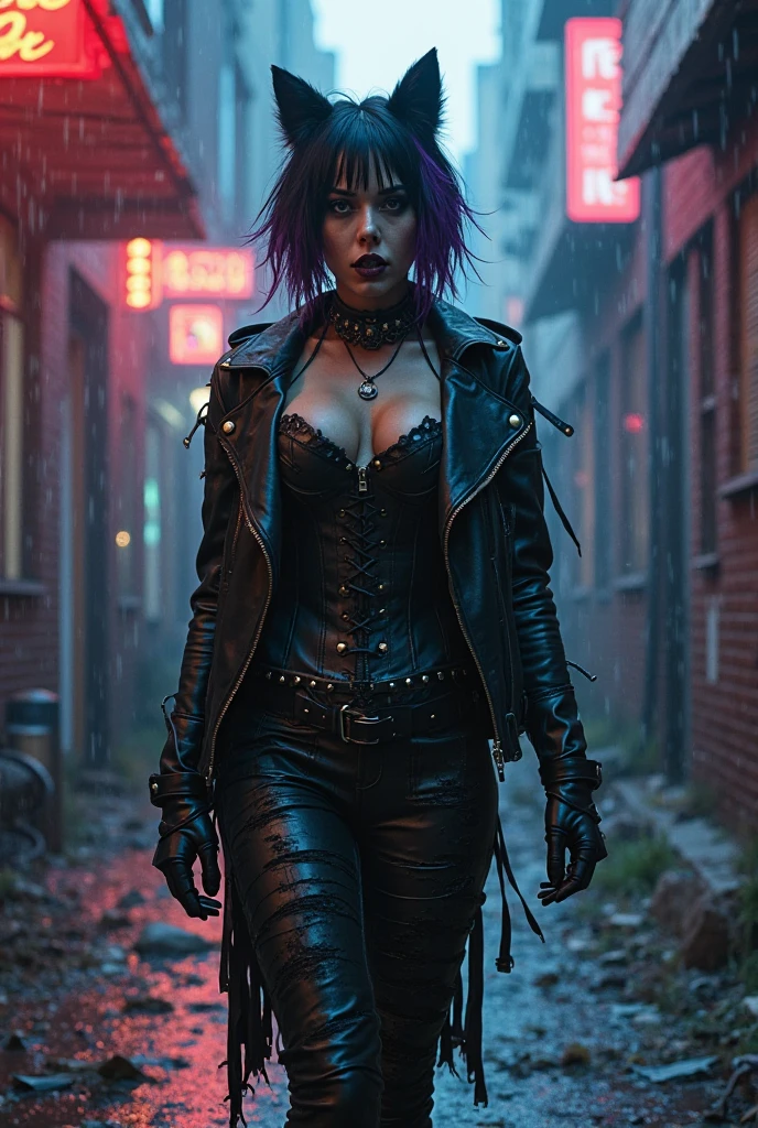 incredibly sexy leather clad punk rock revenge chick holding a pistol standing in a derelict alleyway in the rain at night,long legs,cleavage