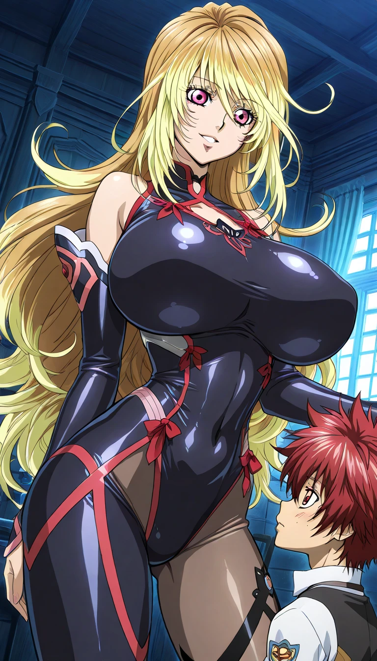 (highres, high quality:1.2), intricate details, cinematic lighting, sharp focus, depth of field, Ingrid, 1girl, mature female, (dark-skinned female:1.1), dark skin, standing, cowboy shot, looking at viewer, dungeon, determined, pink red hair, very long hair, hair intakes, makeup, lipstick, (mole under mouth:0.8), eyelashes, yellow eyes, detailed face, bodysuit, revealing clothes, center opening, highleg panties, thigh boots, (multicolored clothes:1.1) midriff, large breasts, covered nipples, curvy, thicc, arms up, bdsm, bondage, surrounded by men, groped