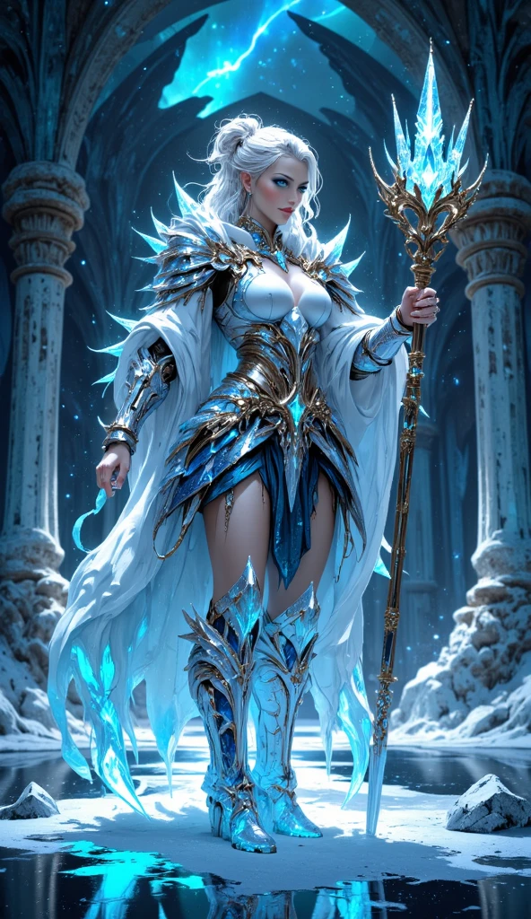 beautiful women full body, legs thick, hips. wearing a blue suit of paladin powers, futurist. Armadura templária com detaileds de ouro fino, A goddess with long white hair, ultra detailed eyes, gold Crown, holding a staff with large glowing crystal at the tip of the glowing staff, detaileds: 1.2) 4K Ultra HD, slr digital, soft lighting, high qualiy