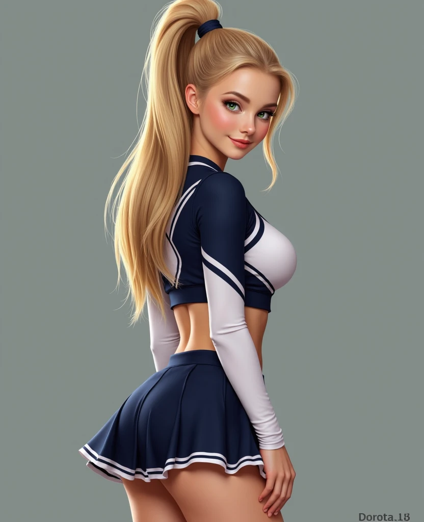 a close up of a woman in a cheer uniform posing for a picture, side view, tight outfit, with backdrop of natural light, shot from the side, right side profile, side profile shot, tight attire, full length view, side pose, profile view, looking from side, side portrait, side profile view, profile shot, very sexy outfit, cheering