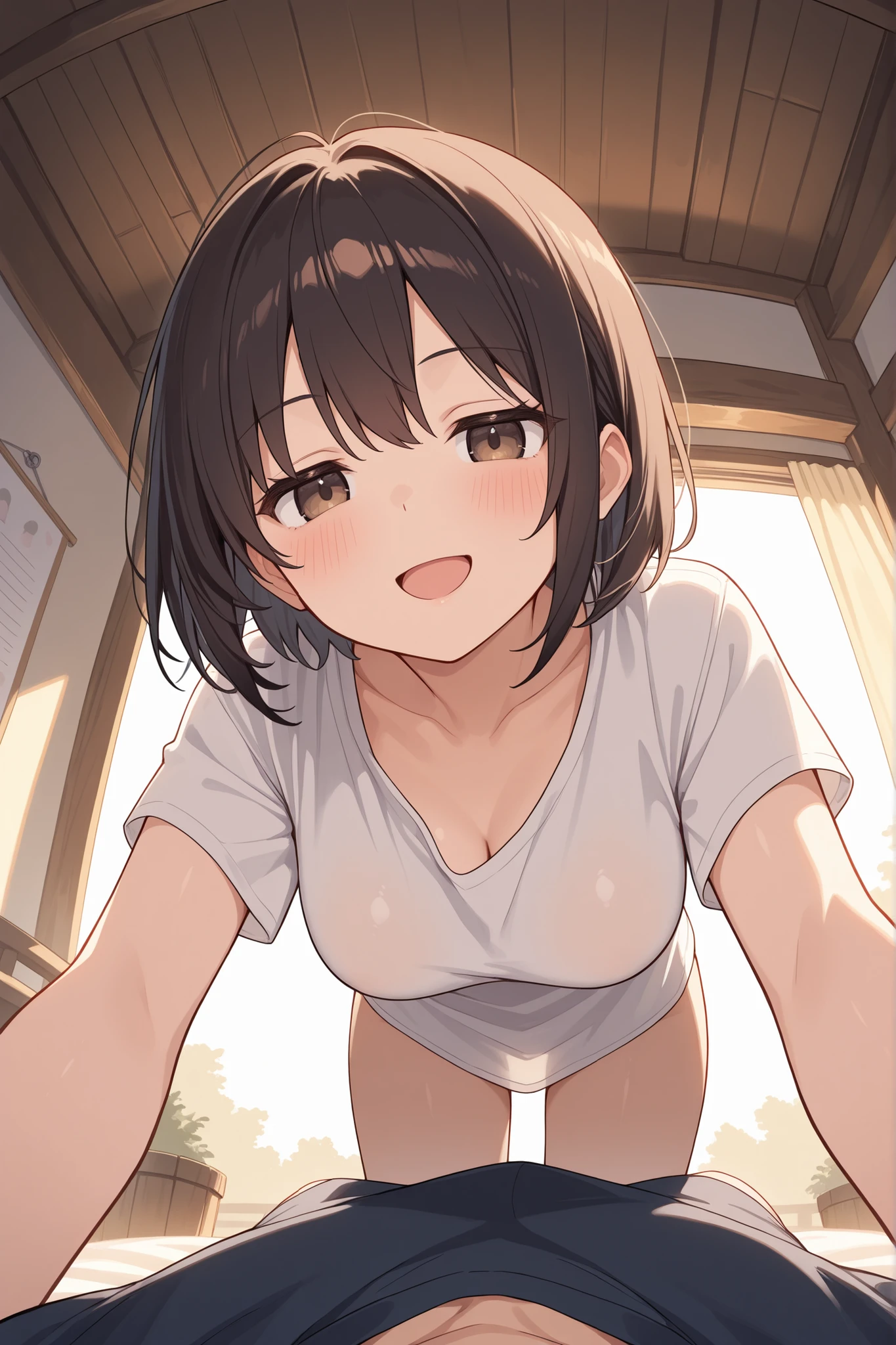 On all fours on the bed,1. small ,short hair,Black Hair,blush,White T-shirt,Olive green shorts,Brown Sandals,White skin,From below,shy,night,Sweaty,Wet,Cowboy Shot,night中,dark,Ahegao,Looks happy,Feels good,pleasure,Sigh,Close ~ eyes,Open your mouth wide,saliva,smile,Add eyebrows,