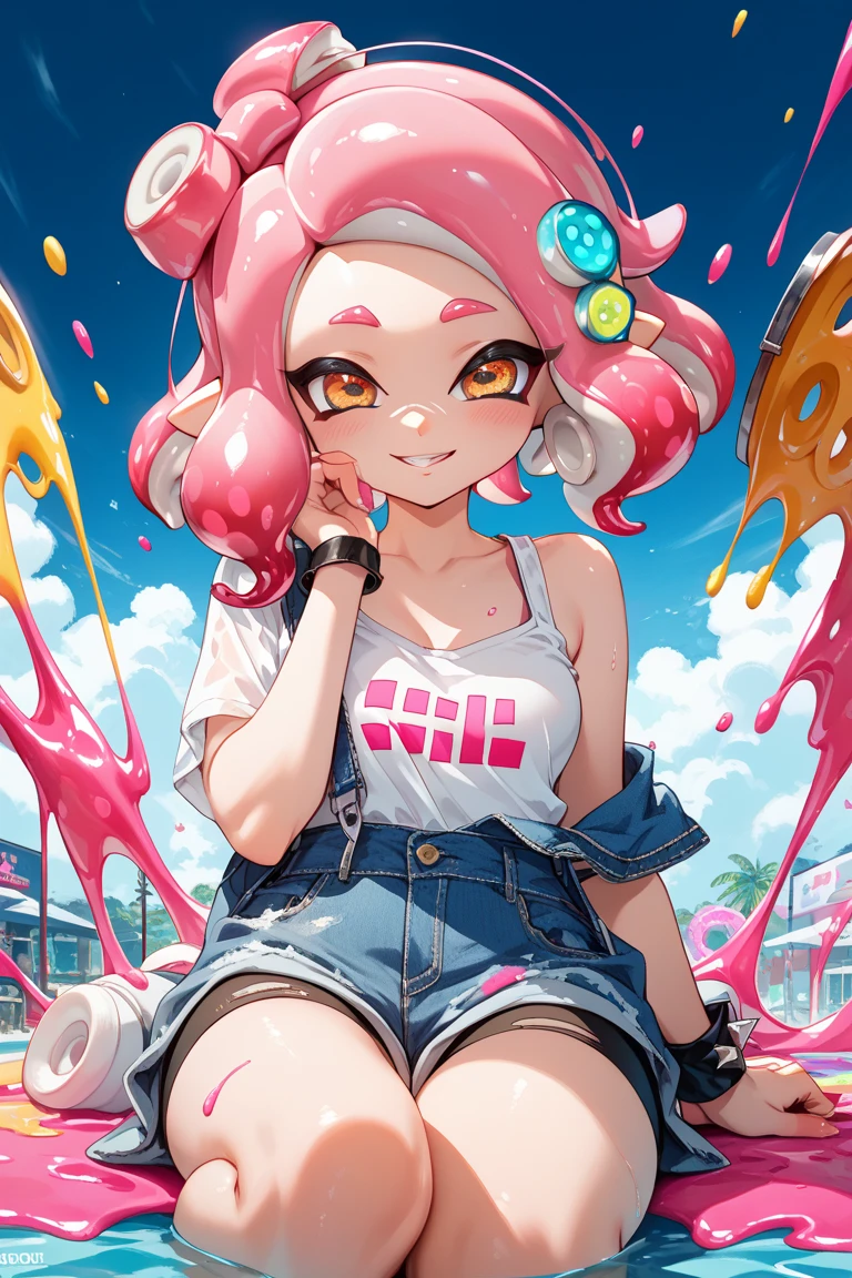 masterpiece, 4k, detailed, extreme detailed, hd, cowboy shot, pink hair, freckles, short curly black hair, navel, navel shown, short, medium breasts, small cleavage, loli, child, young, stomach, legs exposed, thin waist, small frame, pink, blushing, heavy blushing, pants, leggings, bra, black bra, red dotted bra, cute bra, young child loli kid, bucktooth, loli tooth, toothy grin, angry, scolding, yelling, 1 hand pointing at viewer, one hand clenched, twin tails, short twintails, twinkling blue eyes, whale tail, whale tail panties